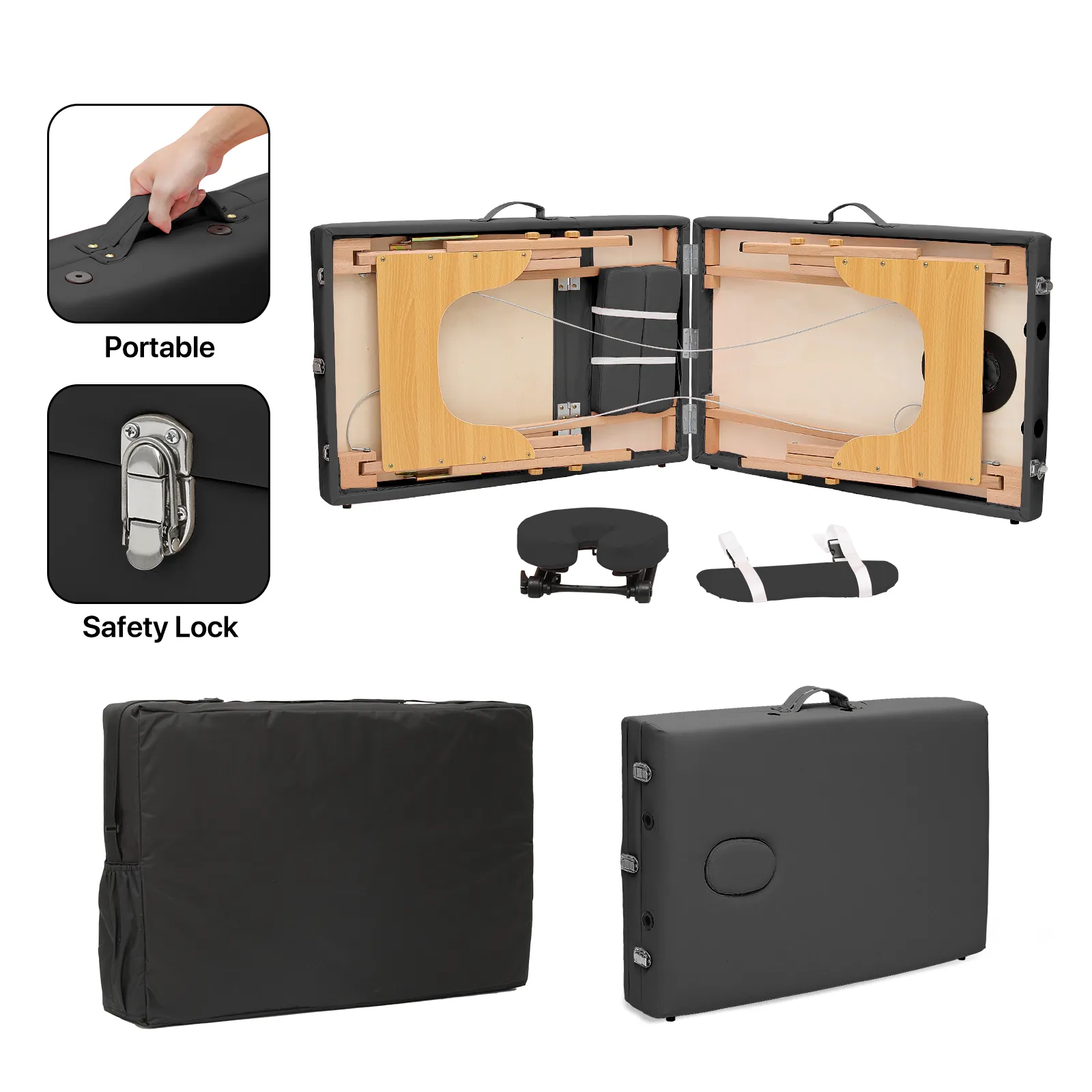 Portable Massage Table - Adjustable Height 24.5" to 33.5" - Tilt Back - Wooden Frame