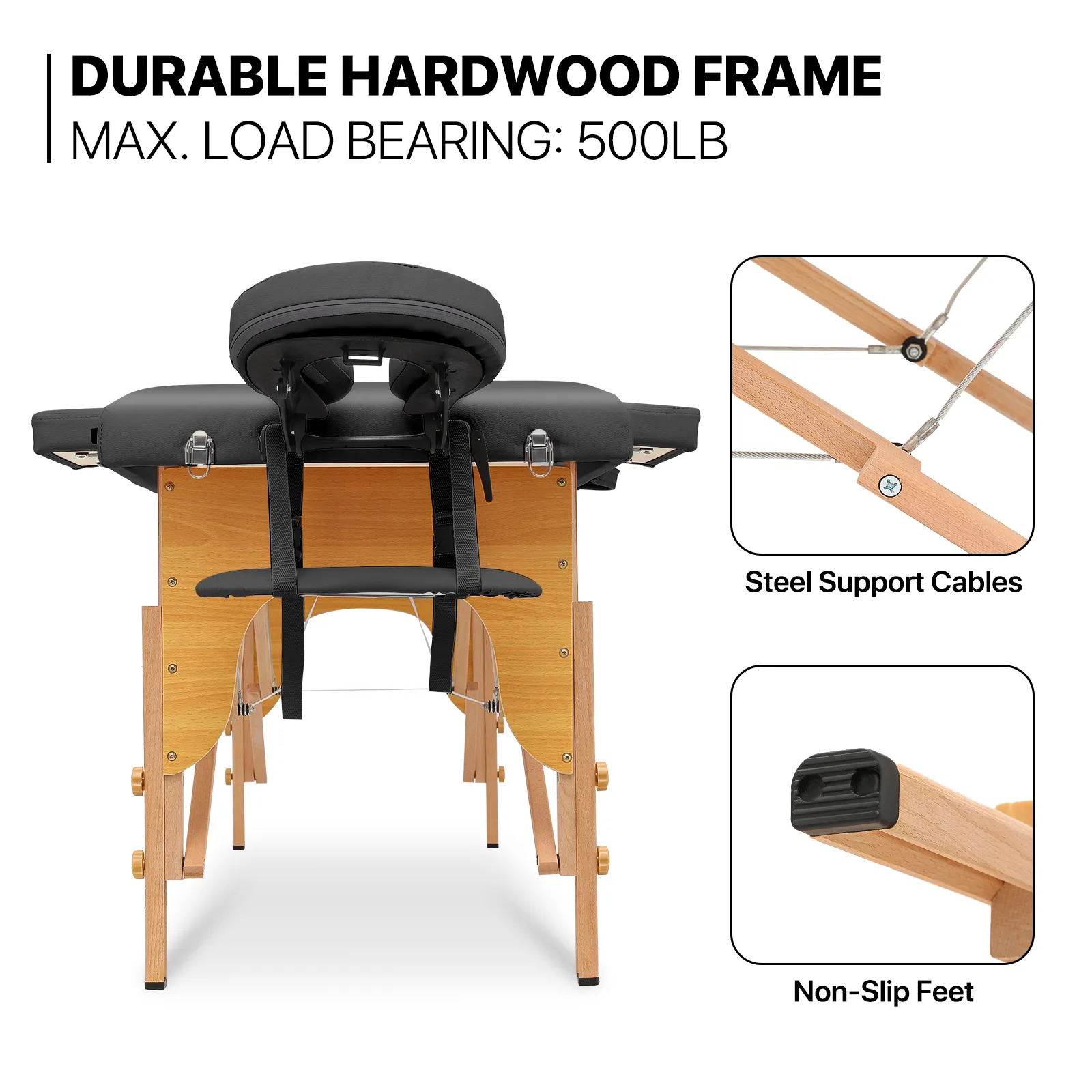 Portable Massage Table - Adjustable Height 24.5" to 33.5" - Tilt Back - Wooden Frame