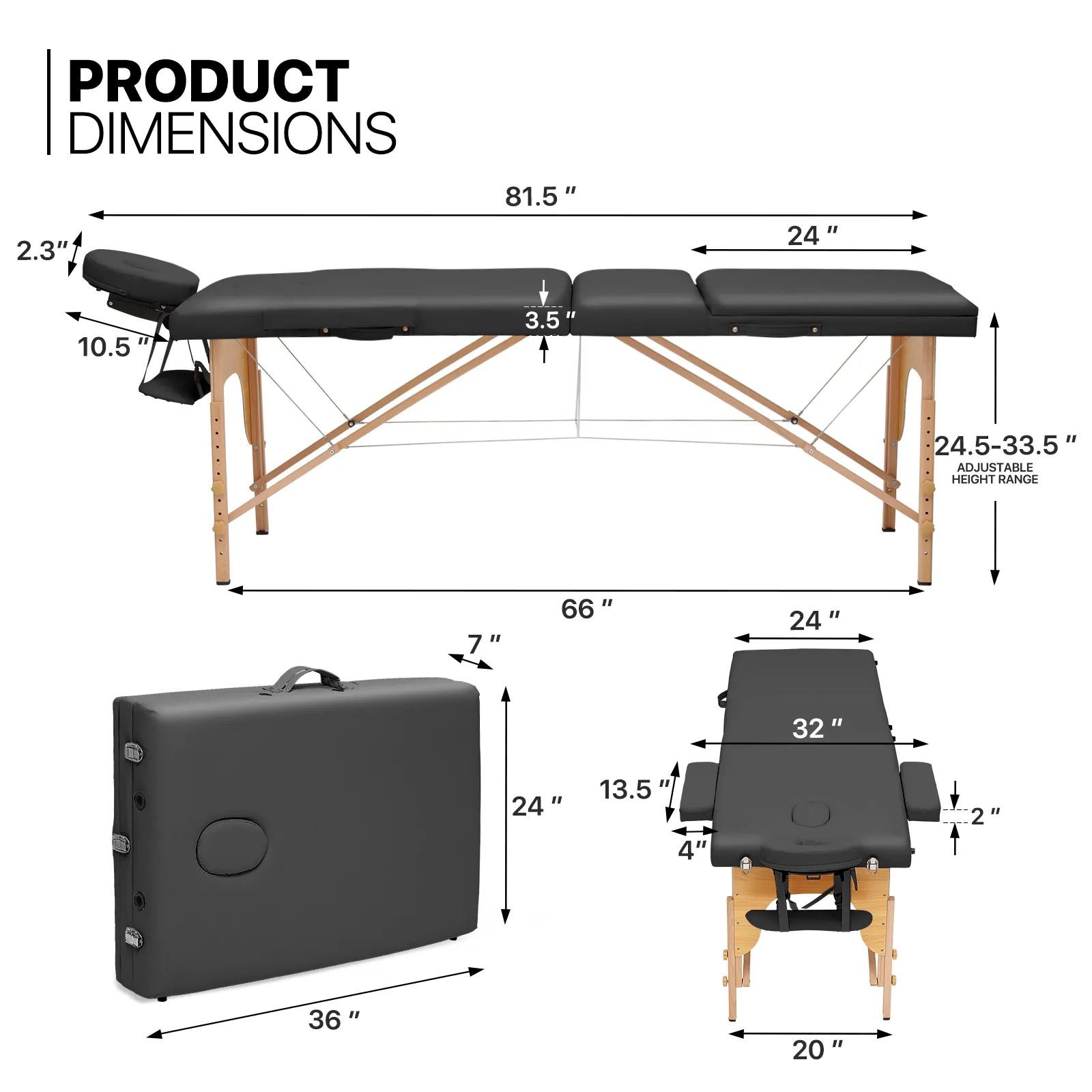 Portable Massage Table - Adjustable Height 24.5" to 33.5" - Tilt Back - Wooden Frame