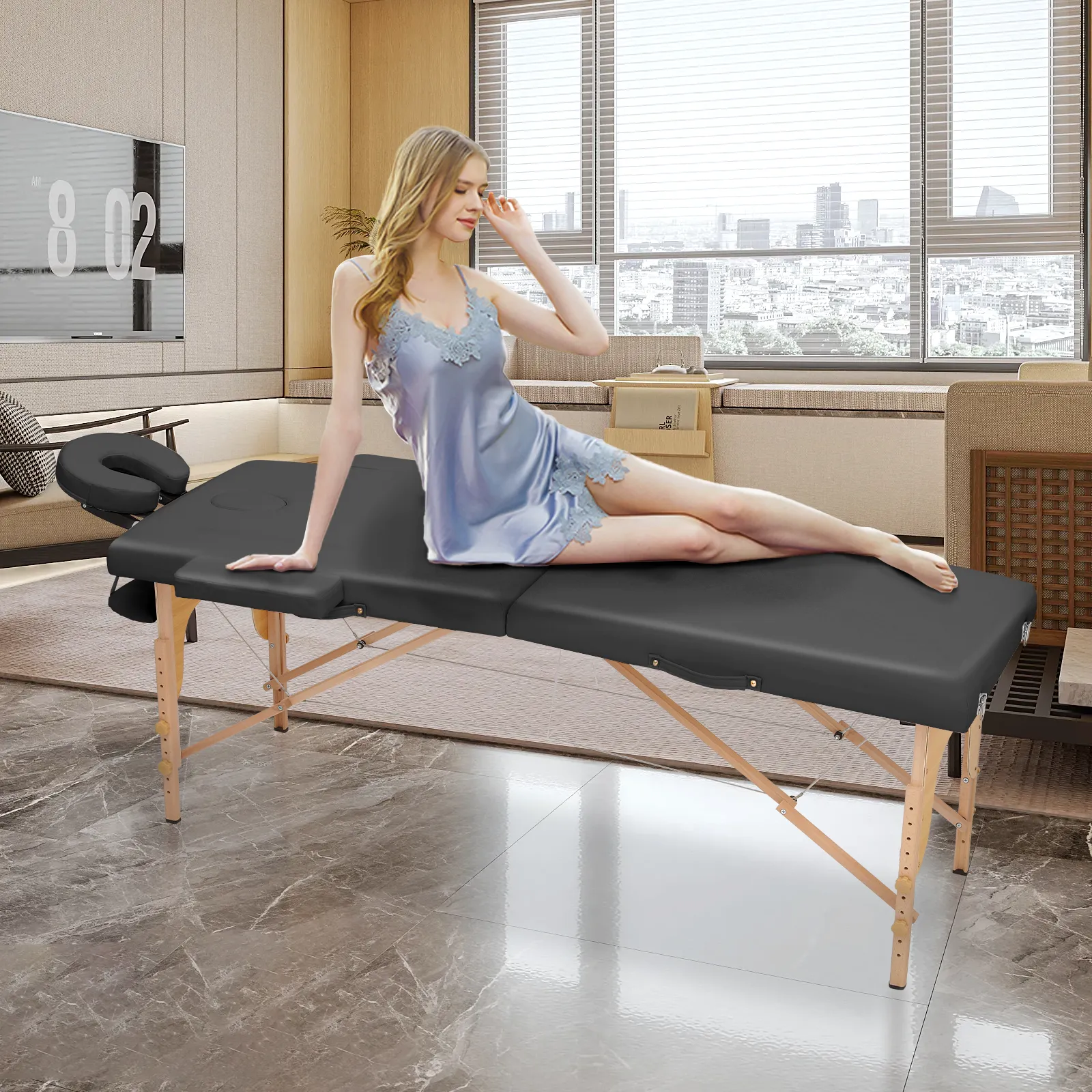 Portable Massage Table - Adjustable Height 24.5" to 33.5" - Wooden Frame