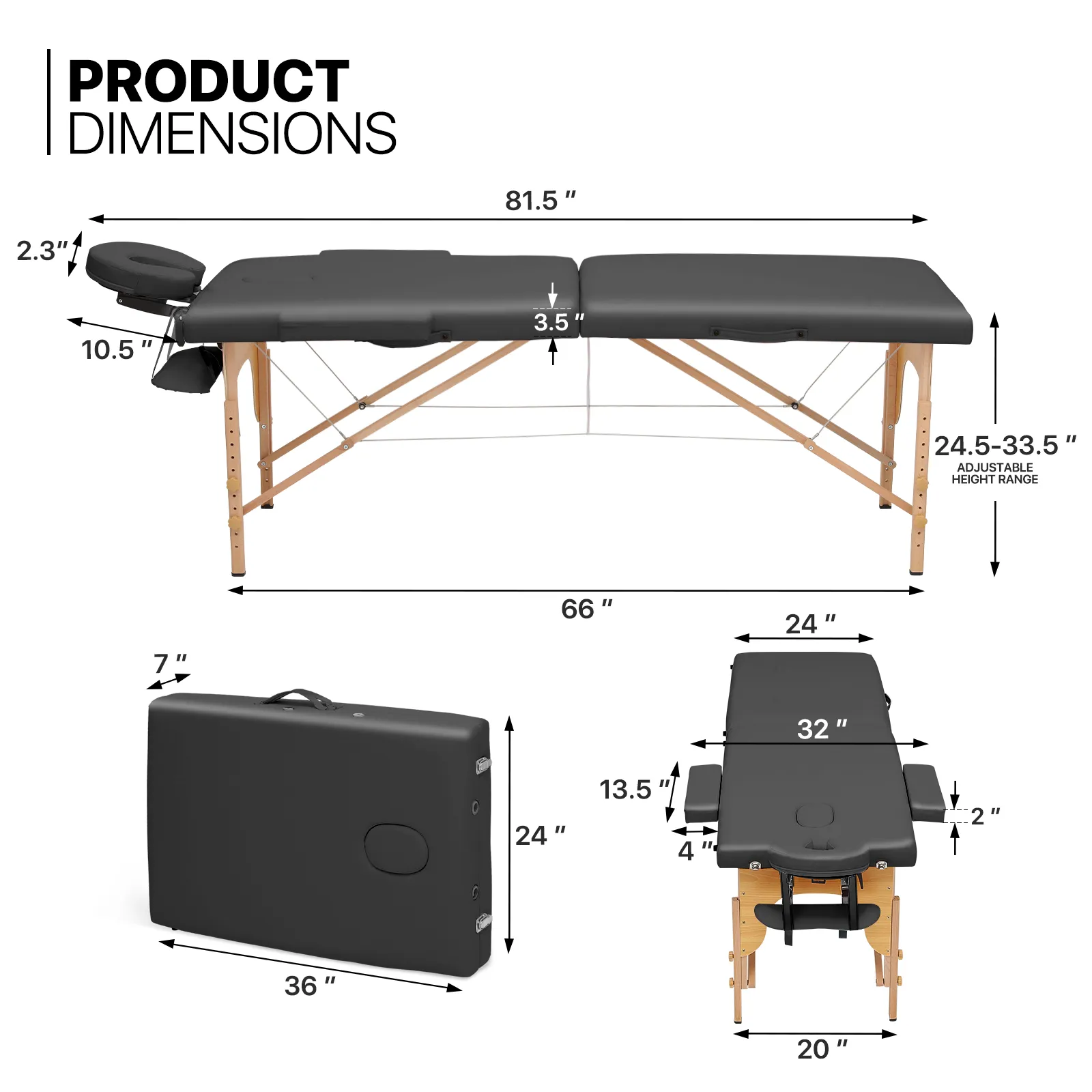 Portable Massage Table - Adjustable Height 24.5" to 33.5" - Wooden Frame