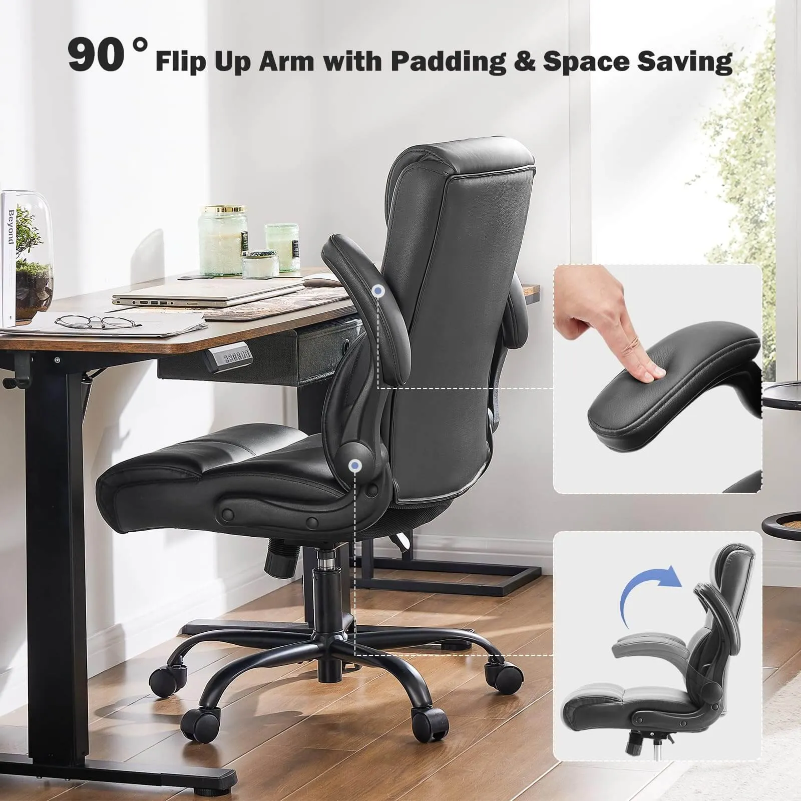 PU Leather 360° Swivel Ergonomic Office Chair with Flip-up Armrest and Lumbar Support