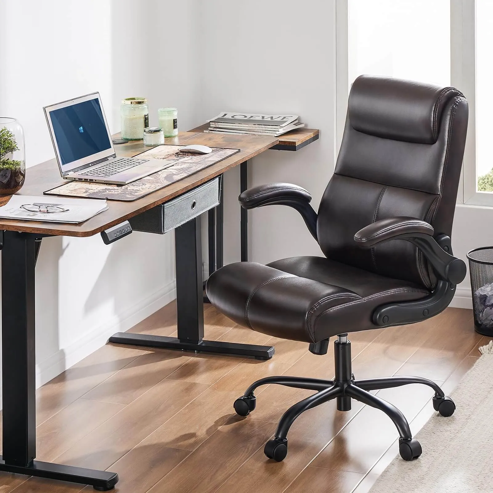 PU Leather 360° Swivel Ergonomic Office Chair with Flip-up Armrest and Lumbar Support