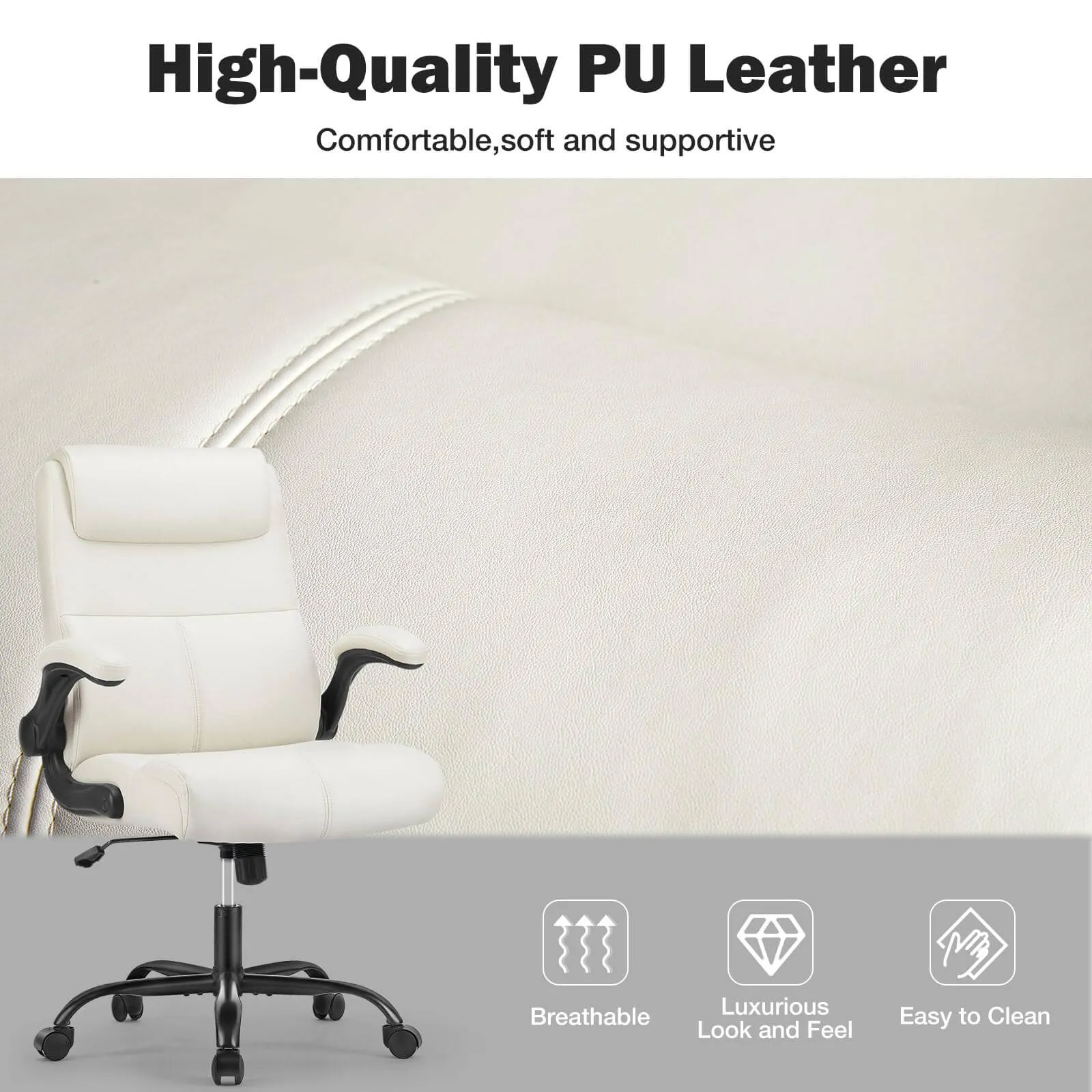 PU Leather 360° Swivel Ergonomic Office Chair with Flip-up Armrest and Lumbar Support