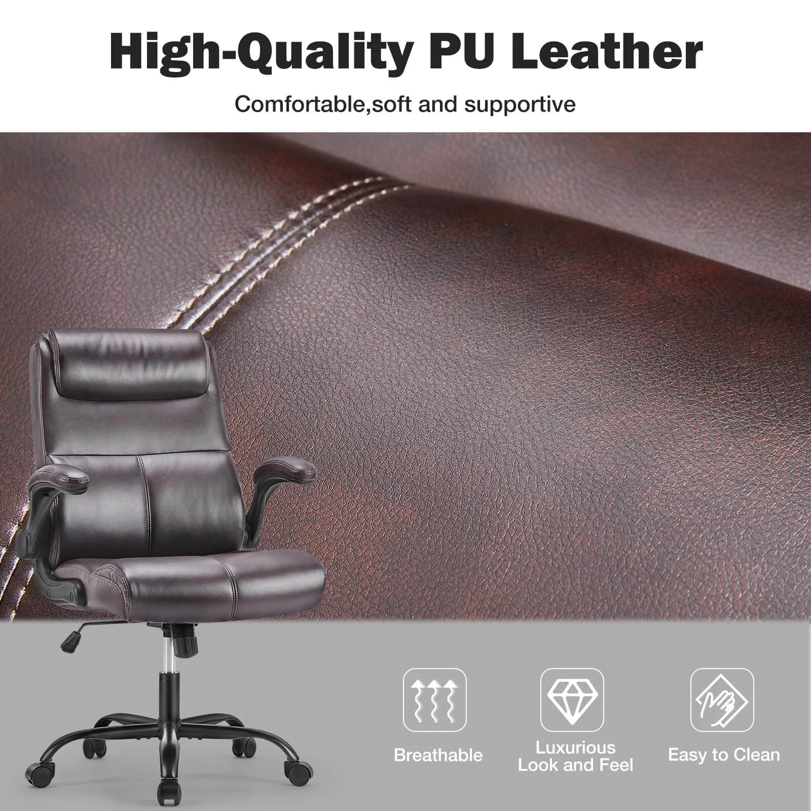 PU Leather 360° Swivel Ergonomic Office Chair with Flip-up Armrest and Lumbar Support