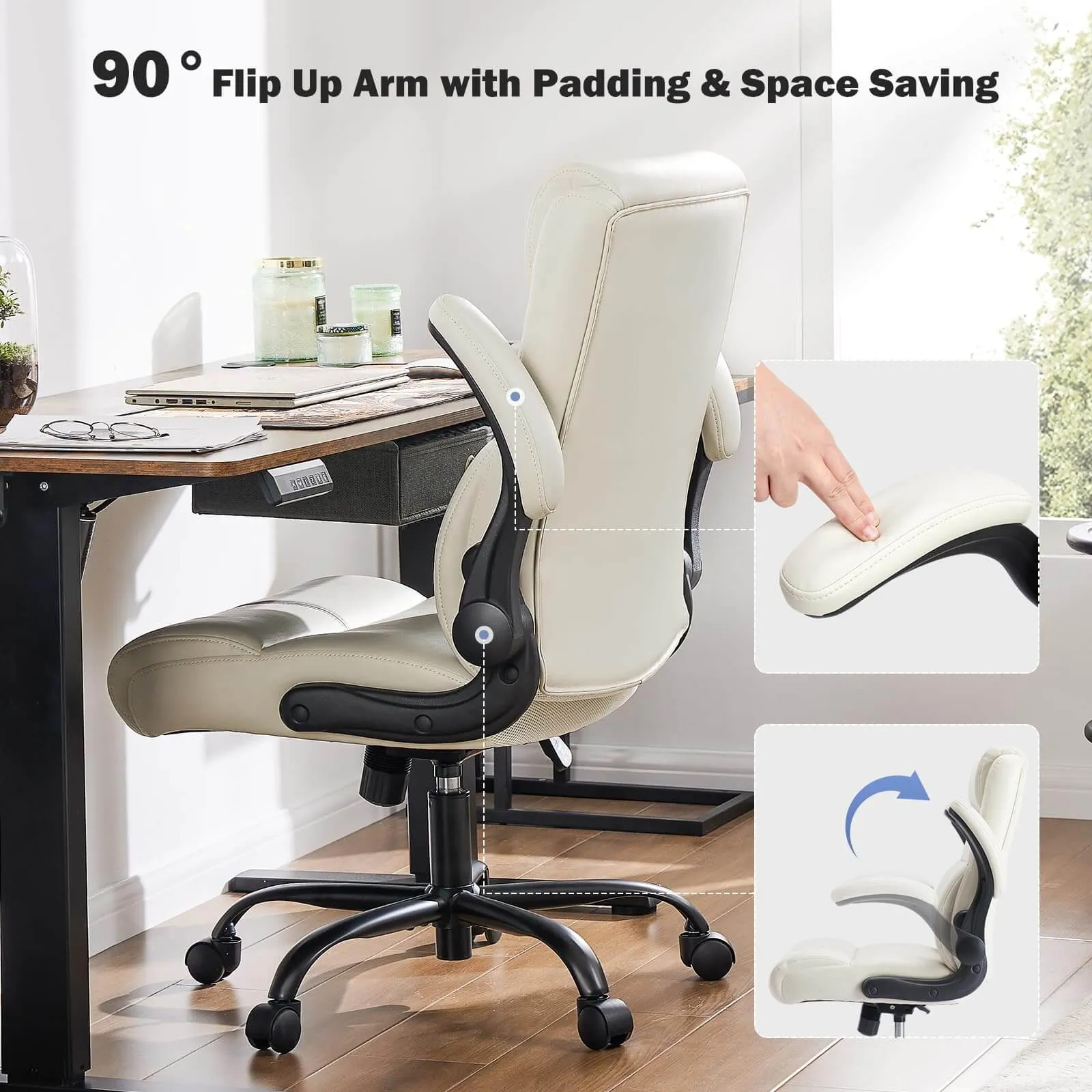 PU Leather 360° Swivel Ergonomic Office Chair with Flip-up Armrest and Lumbar Support