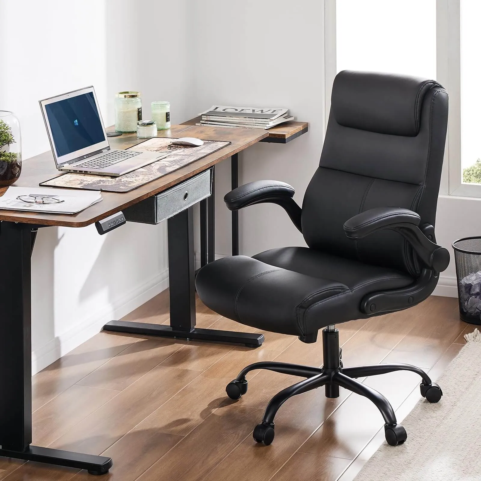 PU Leather 360° Swivel Ergonomic Office Chair with Flip-up Armrest and Lumbar Support