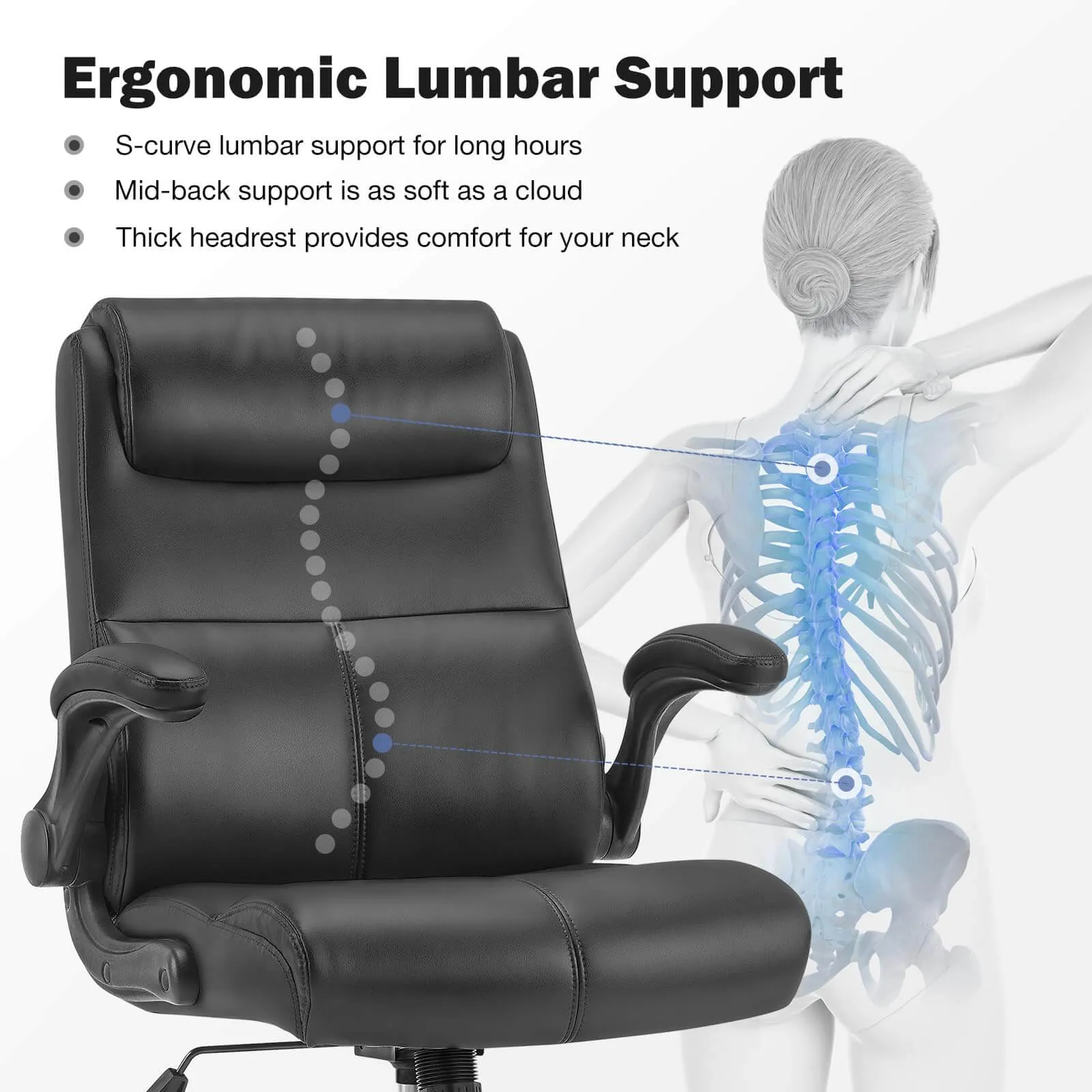 PU Leather 360° Swivel Ergonomic Office Chair with Flip-up Armrest and Lumbar Support