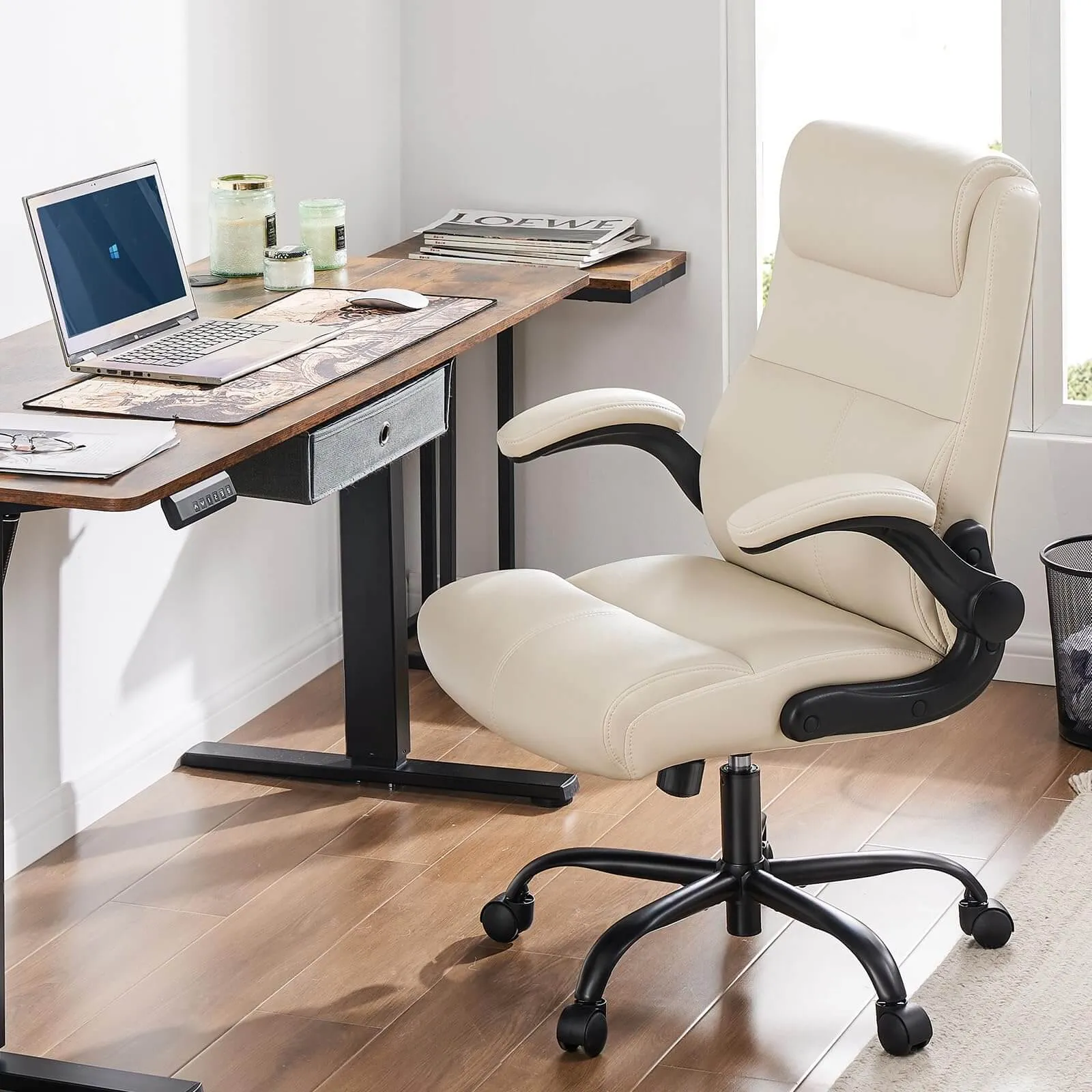 PU Leather 360° Swivel Ergonomic Office Chair with Flip-up Armrest and Lumbar Support