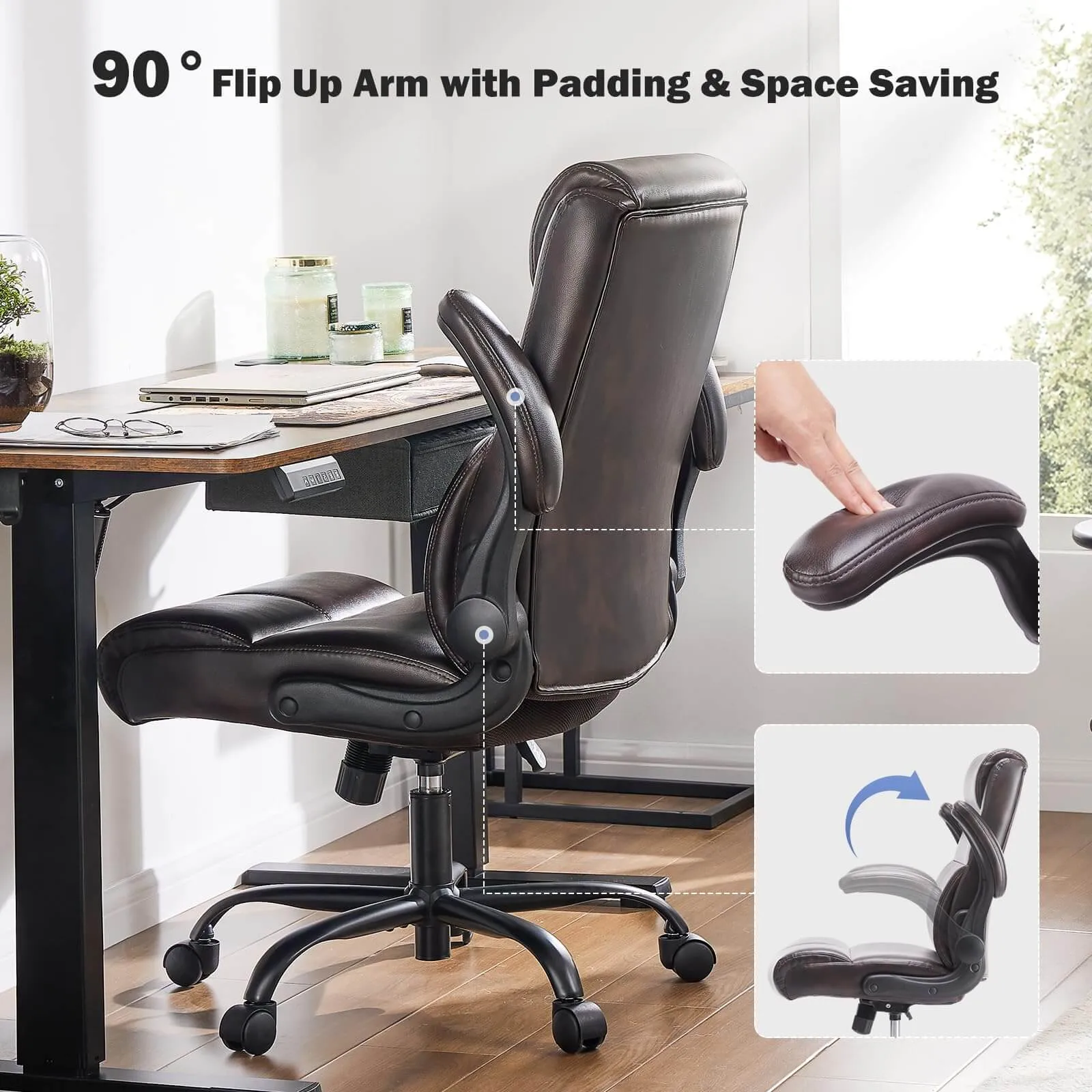 PU Leather 360° Swivel Ergonomic Office Chair with Flip-up Armrest and Lumbar Support