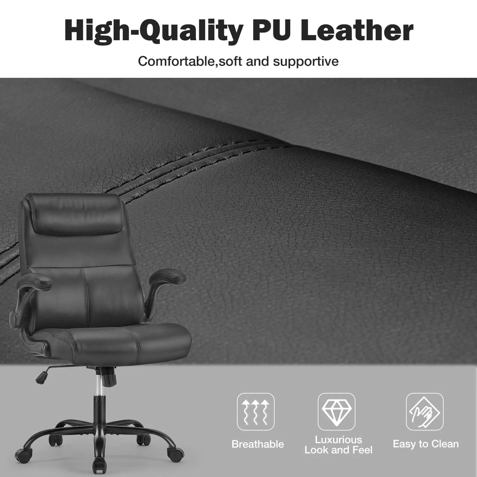 PU Leather 360° Swivel Ergonomic Office Chair with Flip-up Armrest and Lumbar Support