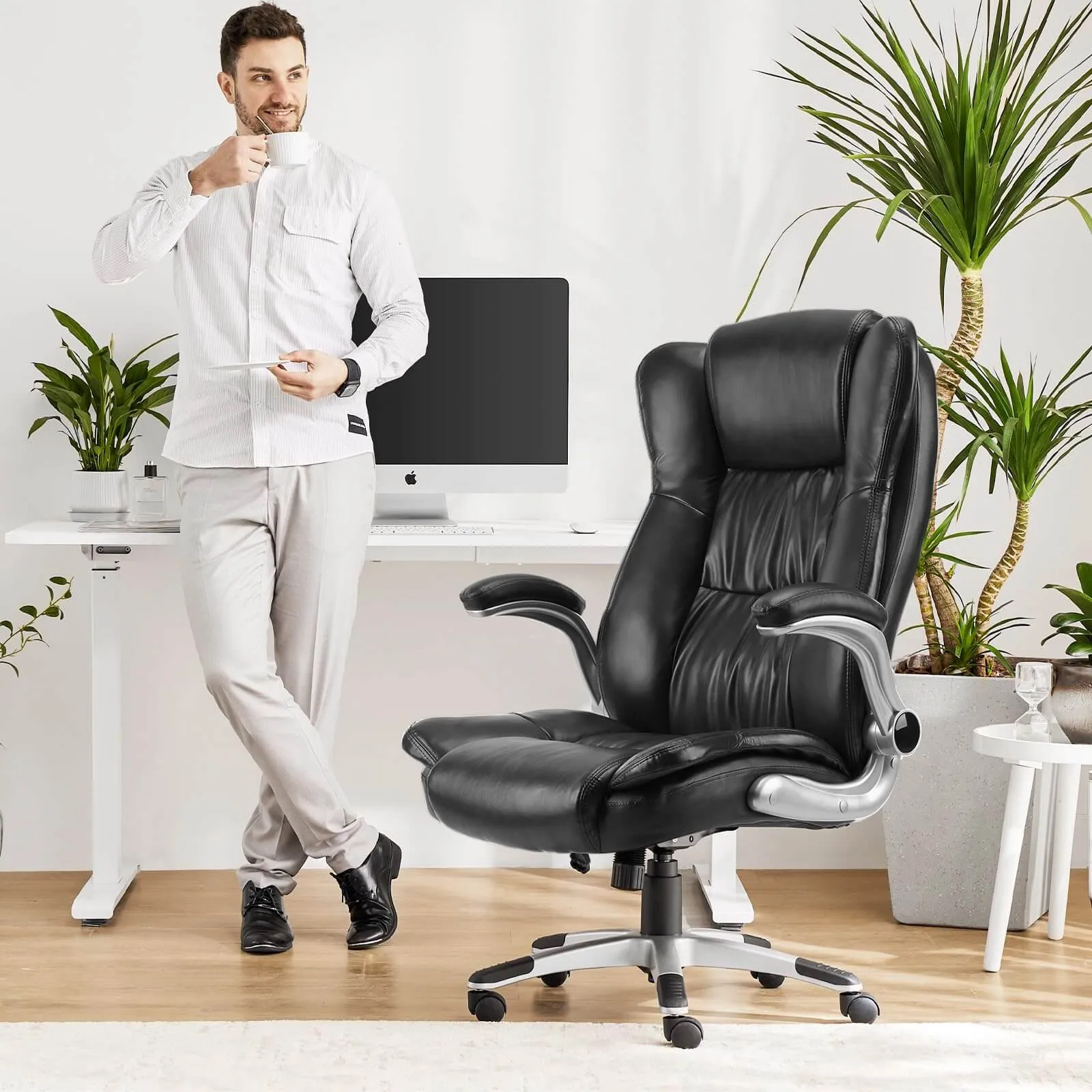 PU Leather Ergonomic Adjustable Height Office Chair with Lumbar Support Flip-up Padded Armrests