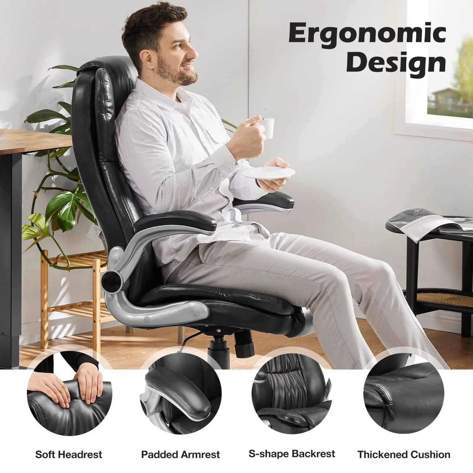 PU Leather Ergonomic Adjustable Height Office Chair with Lumbar Support Flip-up Padded Armrests