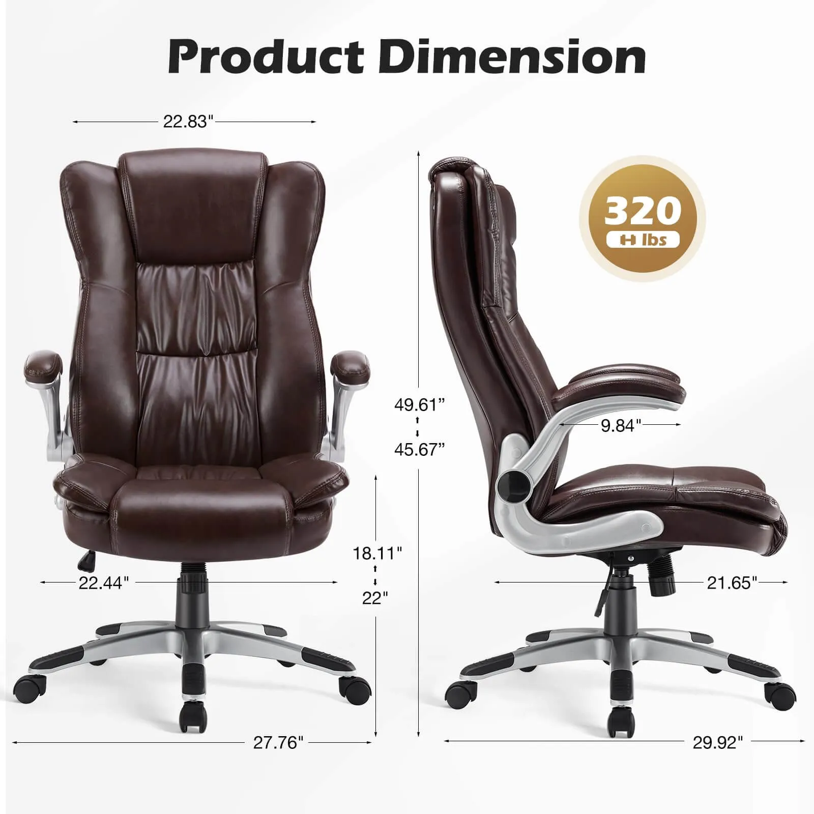 PU Leather Ergonomic Adjustable Height Office Chair with Lumbar Support Flip-up Padded Armrests