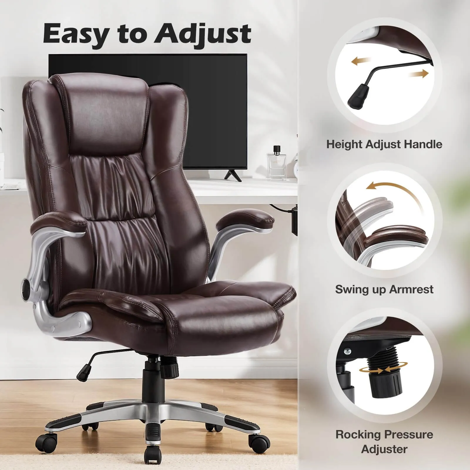 PU Leather Ergonomic Adjustable Height Office Chair with Lumbar Support Flip-up Padded Armrests
