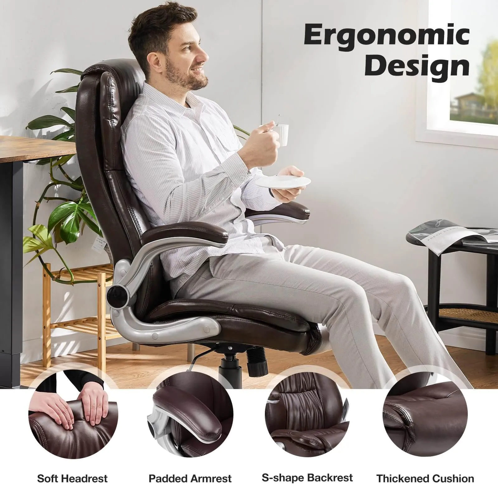 PU Leather Ergonomic Adjustable Height Office Chair with Lumbar Support Flip-up Padded Armrests