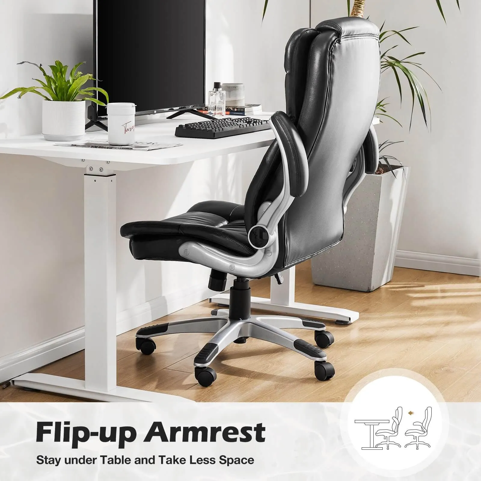 PU Leather Ergonomic Adjustable Height Office Chair with Lumbar Support Flip-up Padded Armrests
