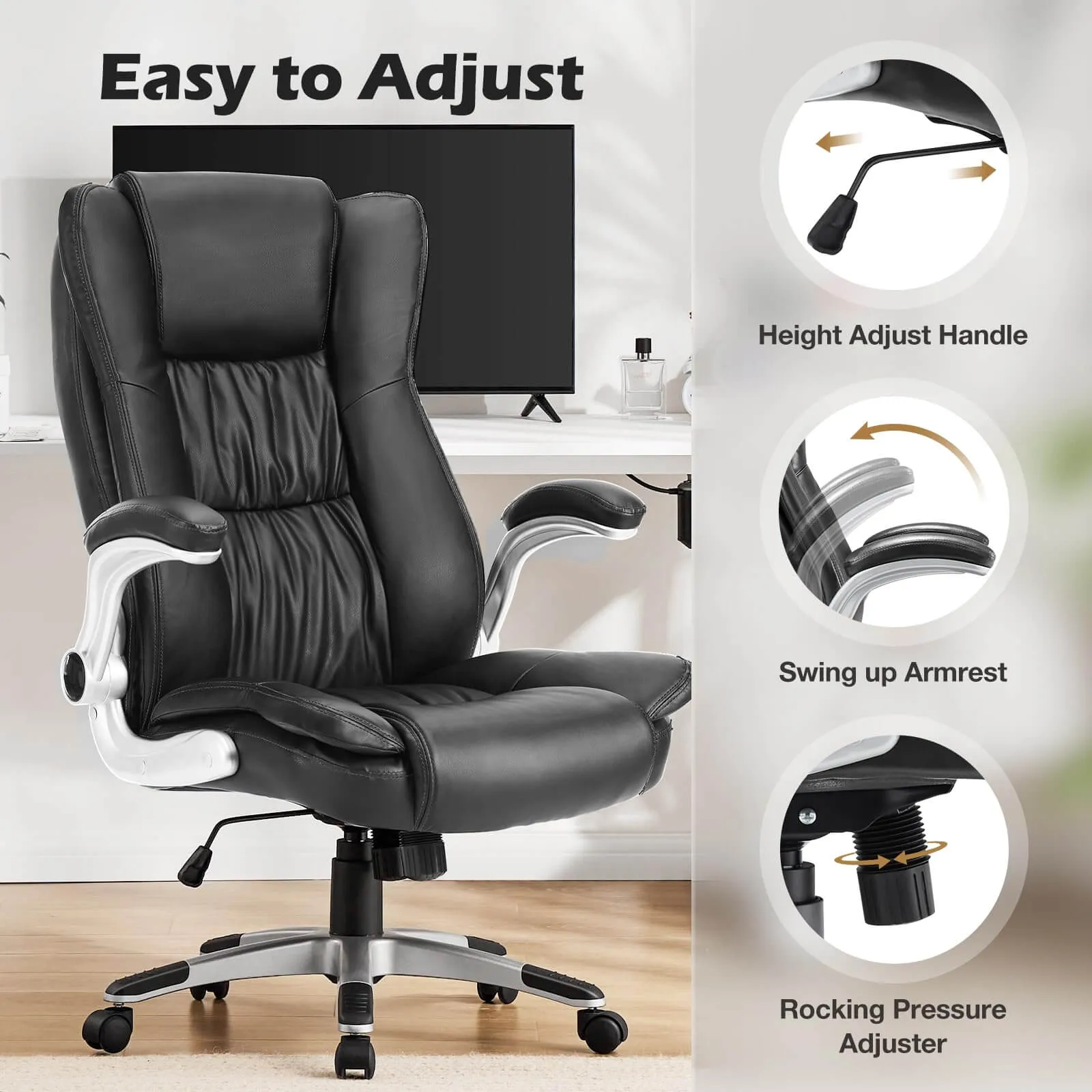 PU Leather Ergonomic Adjustable Height Office Chair with Lumbar Support Flip-up Padded Armrests