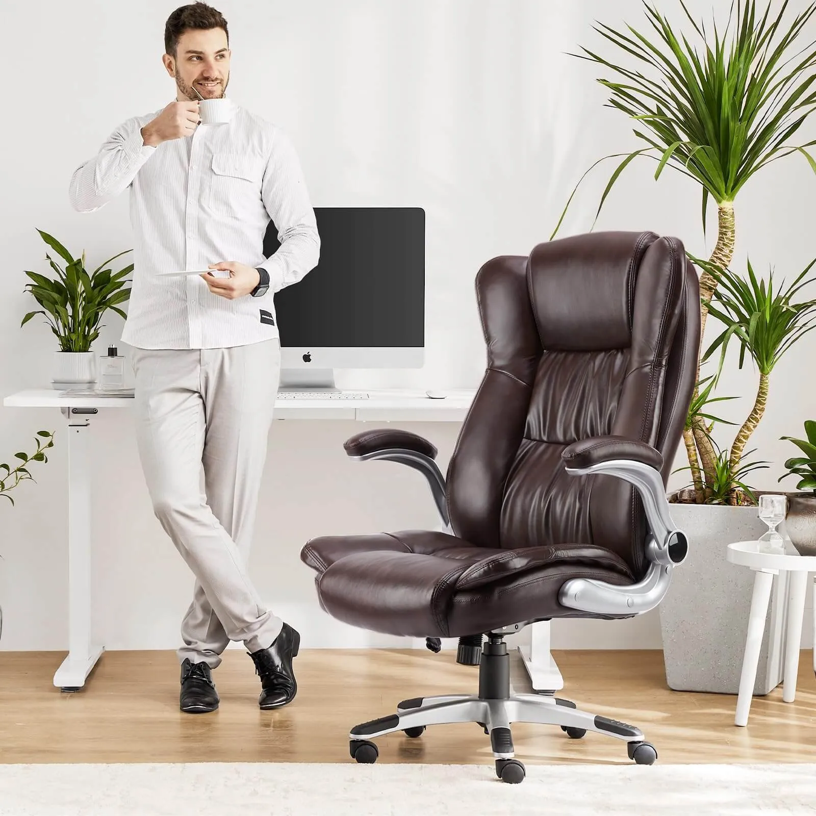 PU Leather Ergonomic Adjustable Height Office Chair with Lumbar Support Flip-up Padded Armrests