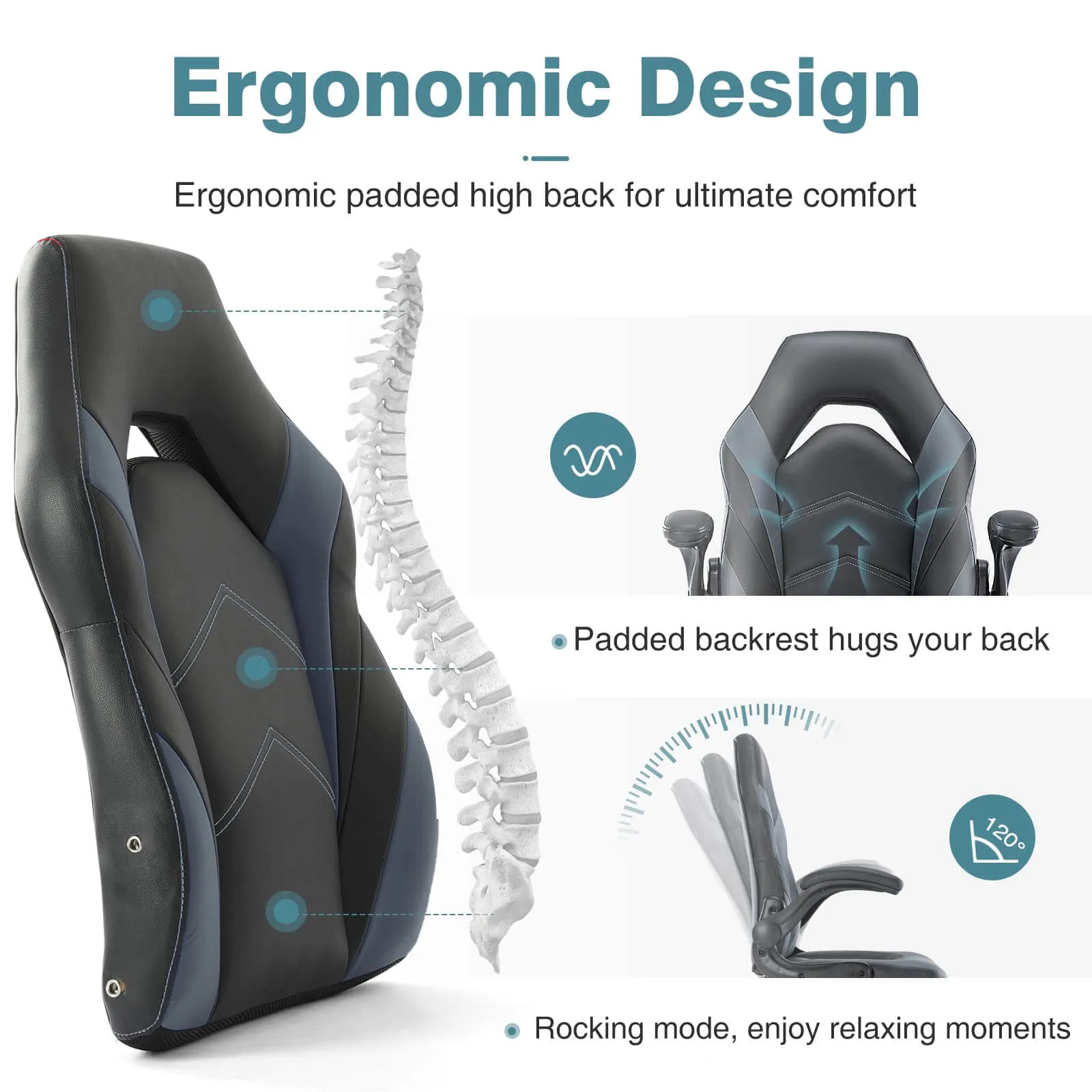PU Leather Ergonomic Gaming Chair with Flip-up Armrests and Lumbar Support