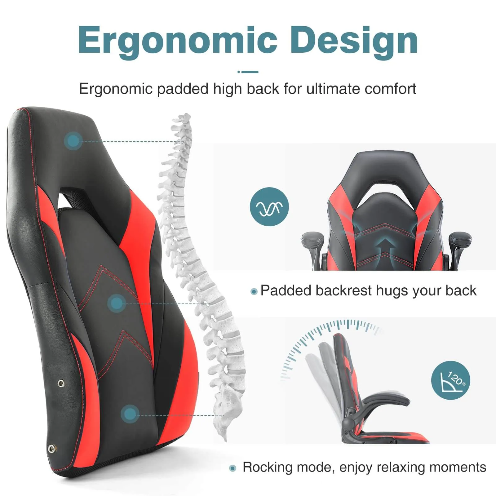 PU Leather Ergonomic Gaming Chair with Flip-up Armrests and Lumbar Support