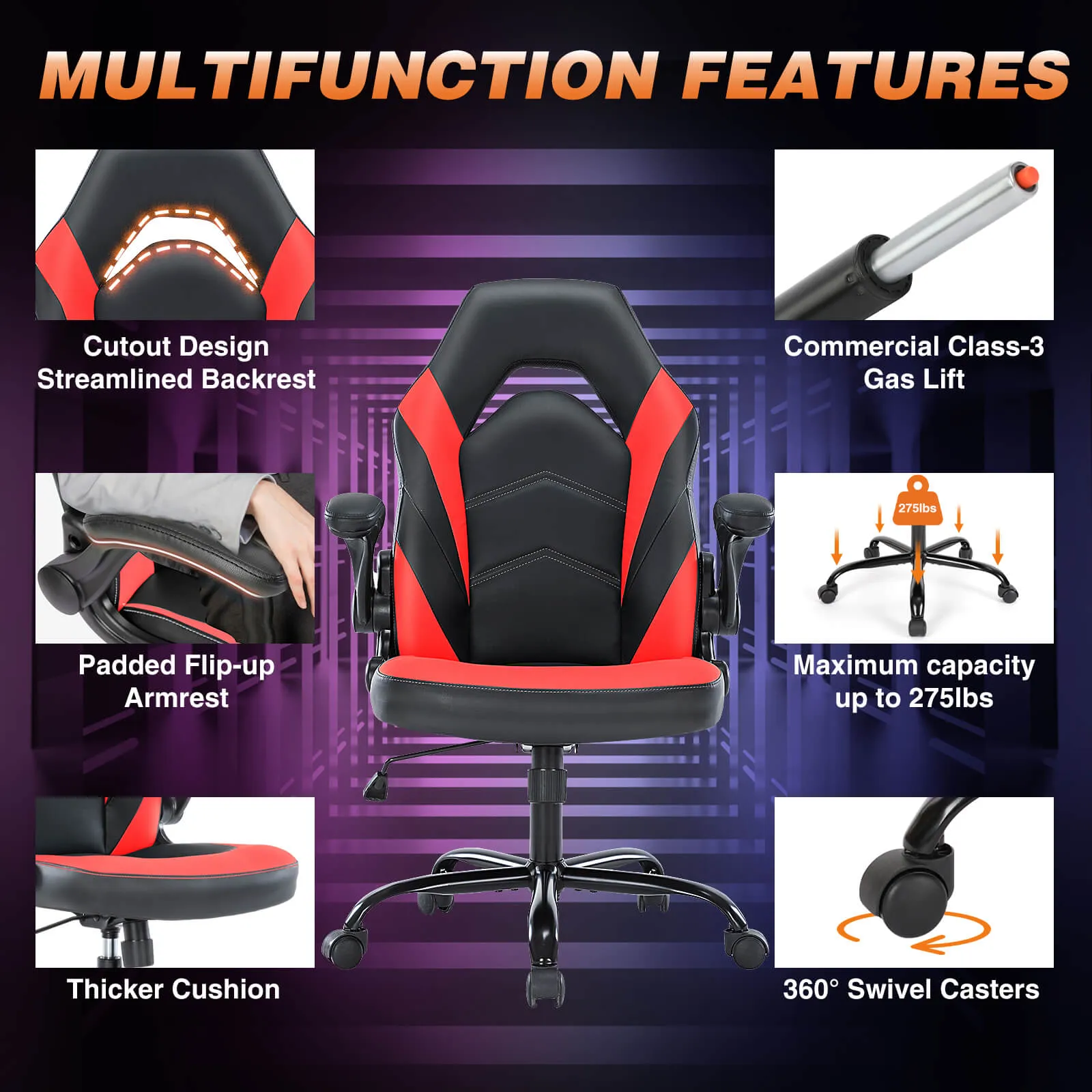 PU Leather Ergonomic Gaming Chair with Flip-up Armrests and Lumbar Support
