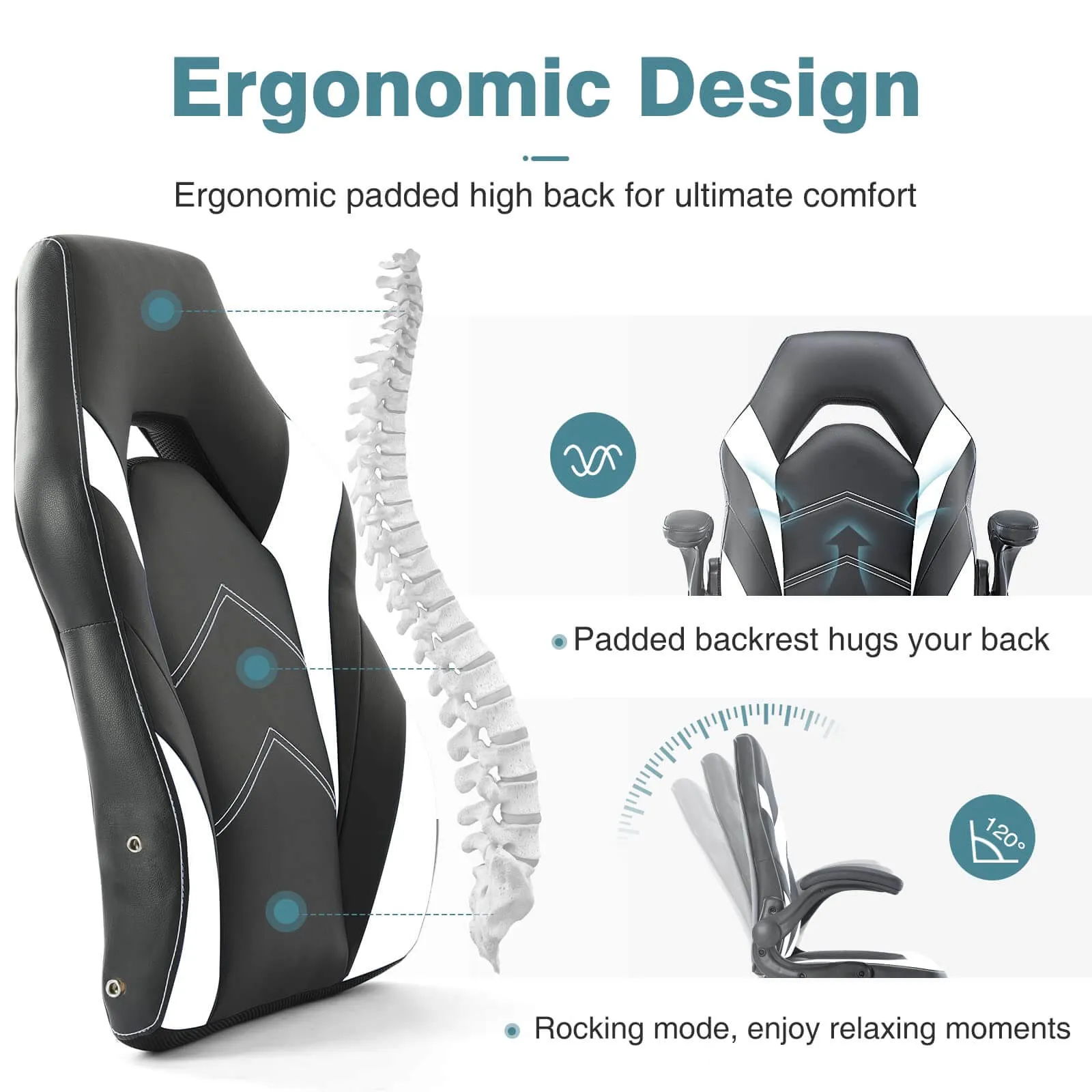 PU Leather Ergonomic Gaming Chair with Flip-up Armrests and Lumbar Support