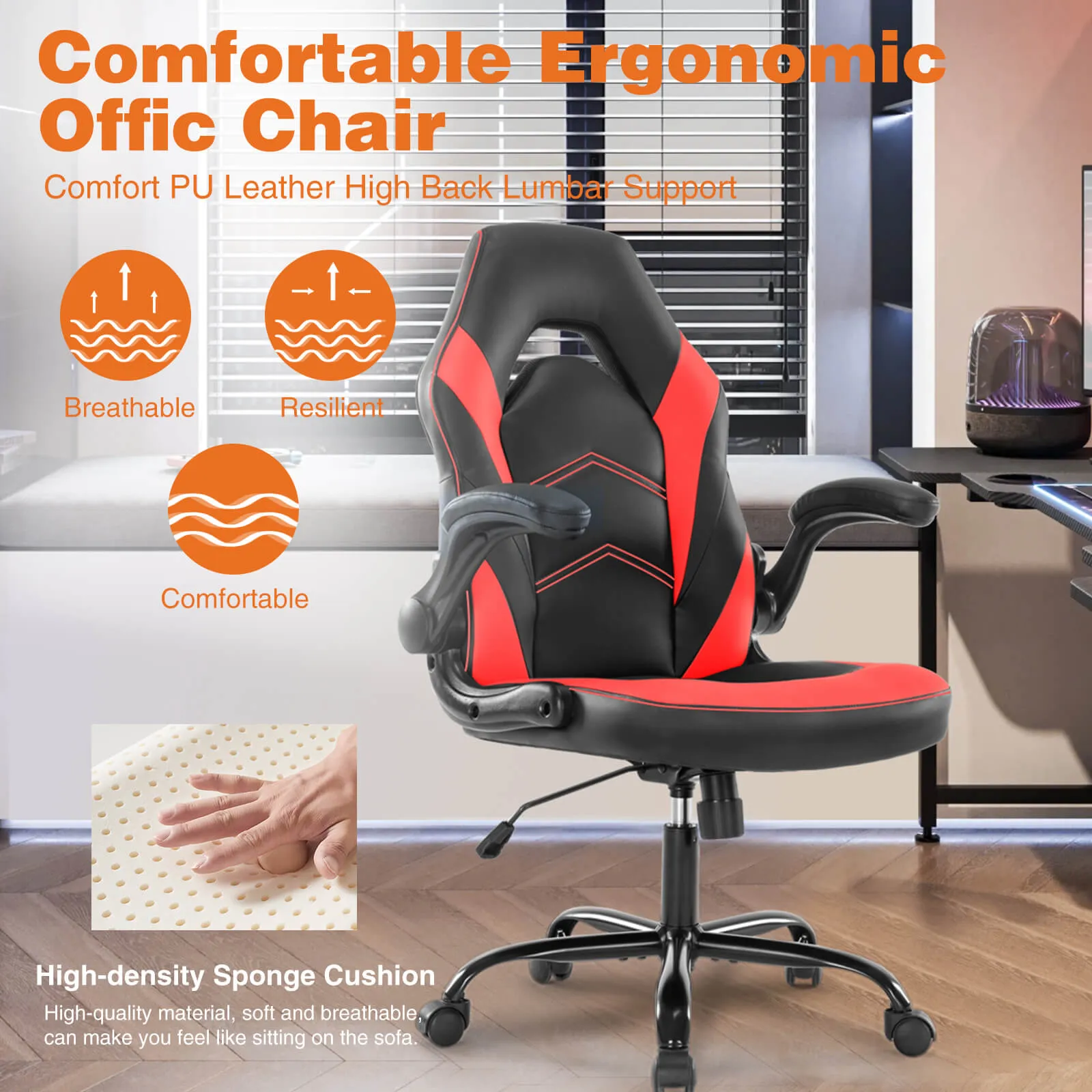 PU Leather Ergonomic Gaming Chair with Flip-up Armrests and Lumbar Support