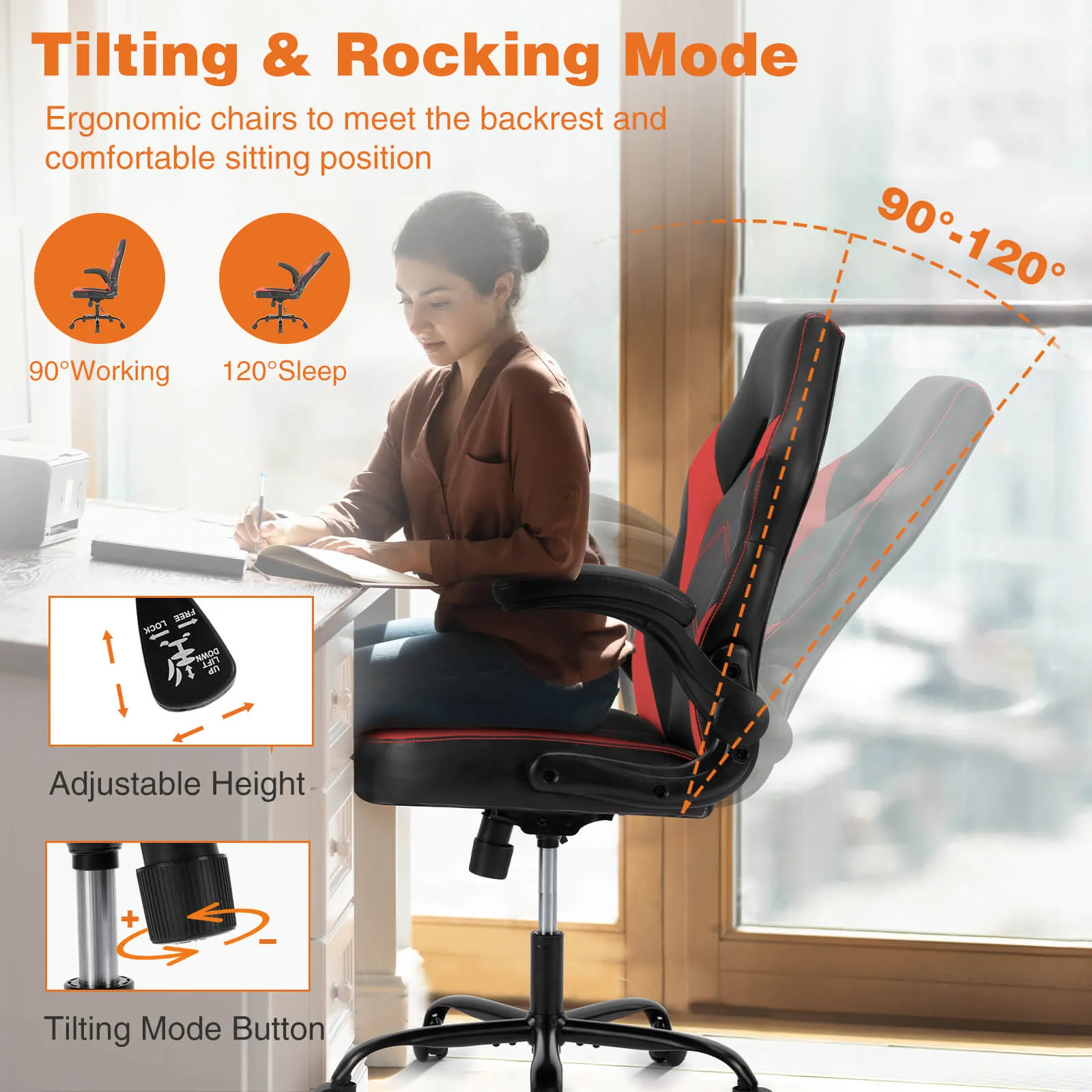 PU Leather Ergonomic Gaming Chair with Flip-up Armrests and Lumbar Support