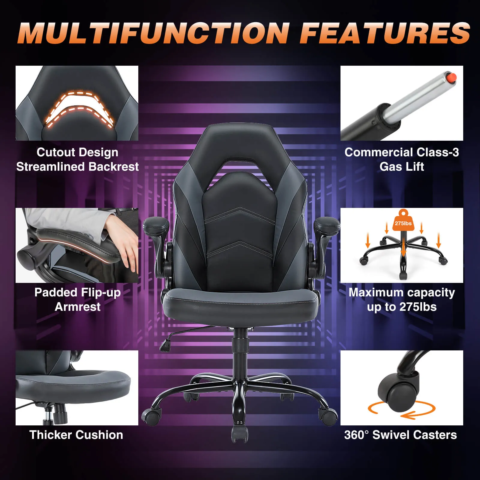 PU Leather Ergonomic Gaming Chair with Flip-up Armrests and Lumbar Support