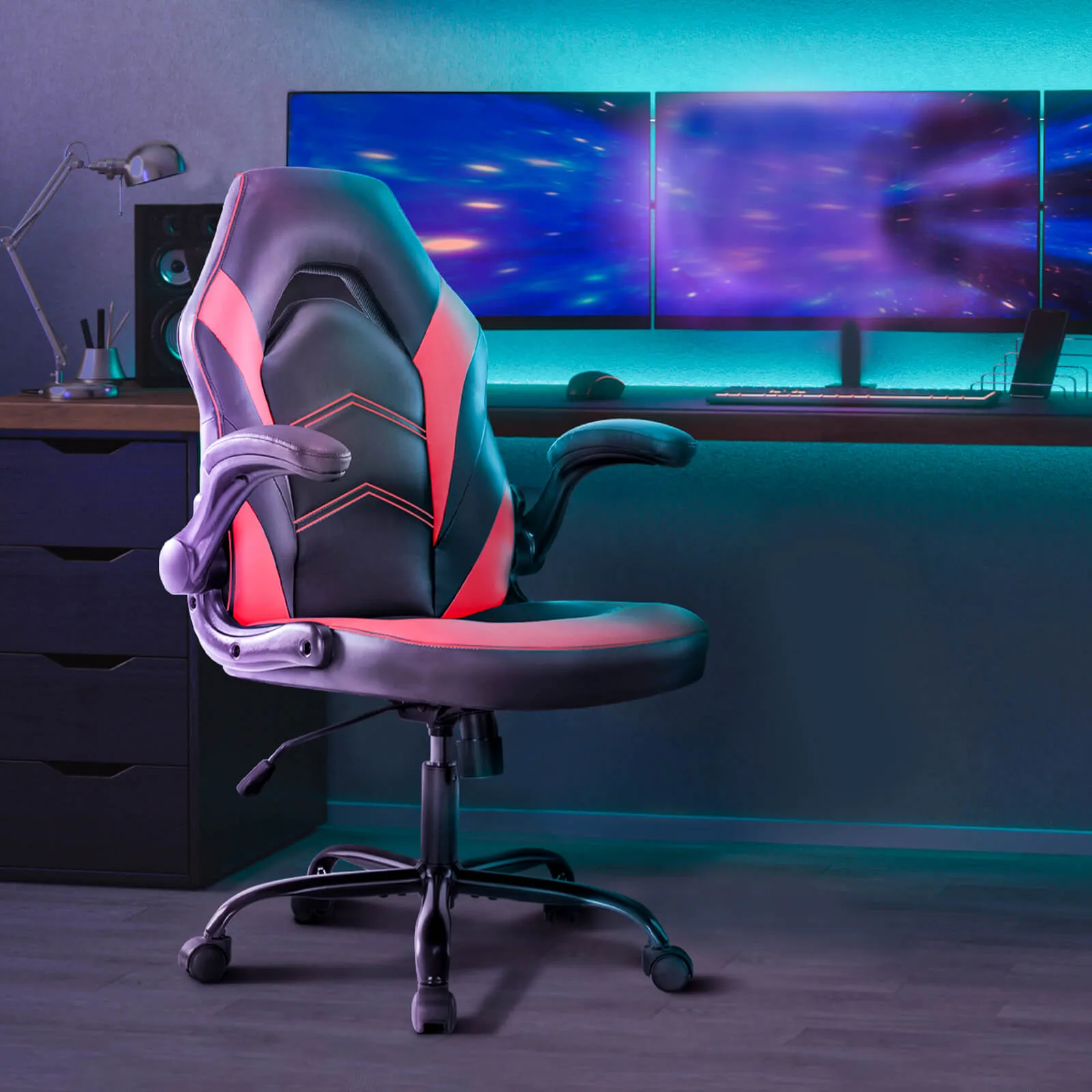 PU Leather Ergonomic Gaming Chair with Flip-up Armrests and Lumbar Support