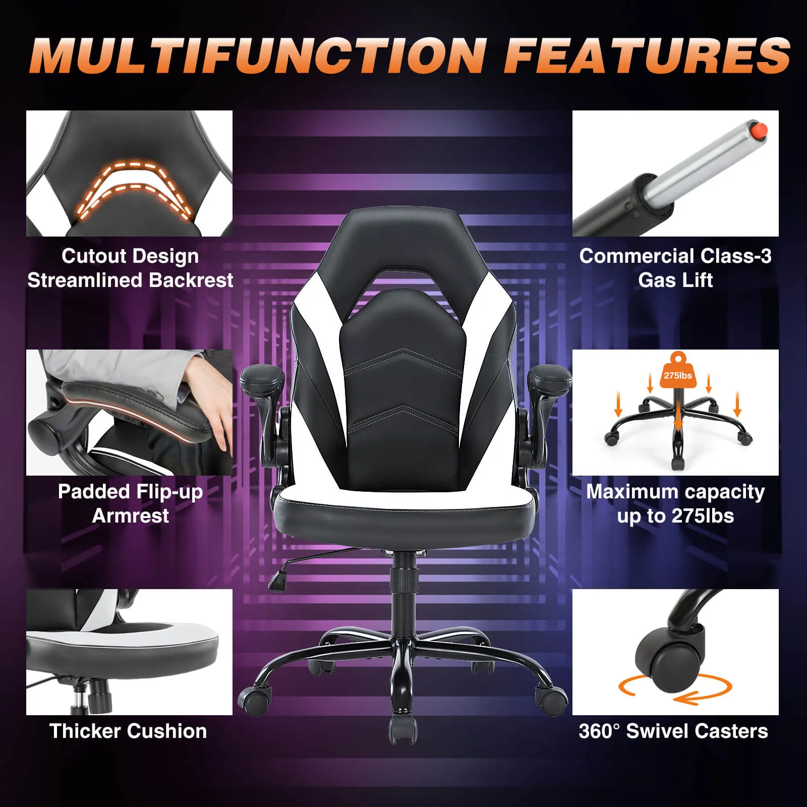 PU Leather Ergonomic Gaming Chair with Flip-up Armrests and Lumbar Support