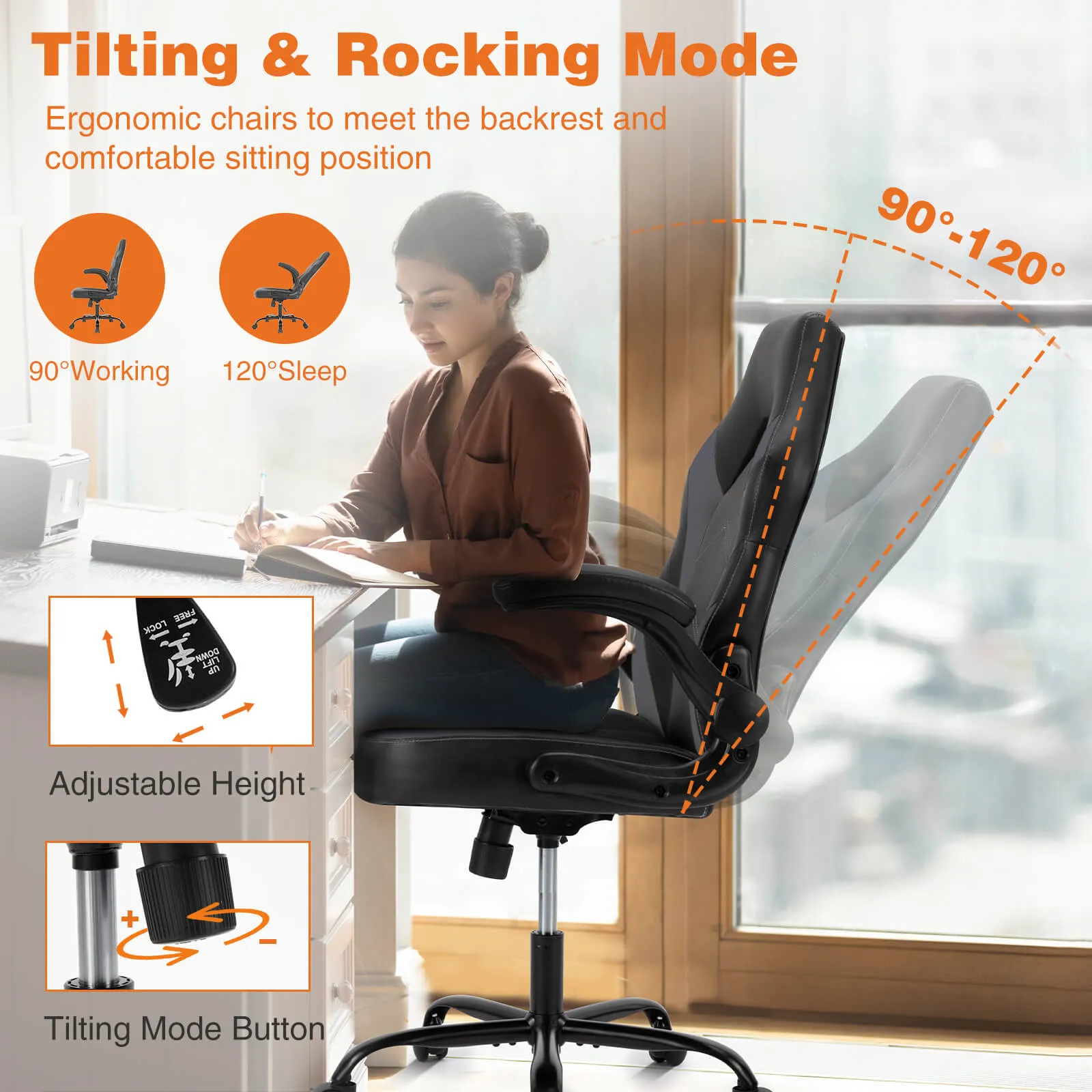 PU Leather Ergonomic Gaming Chair with Flip-up Armrests and Lumbar Support