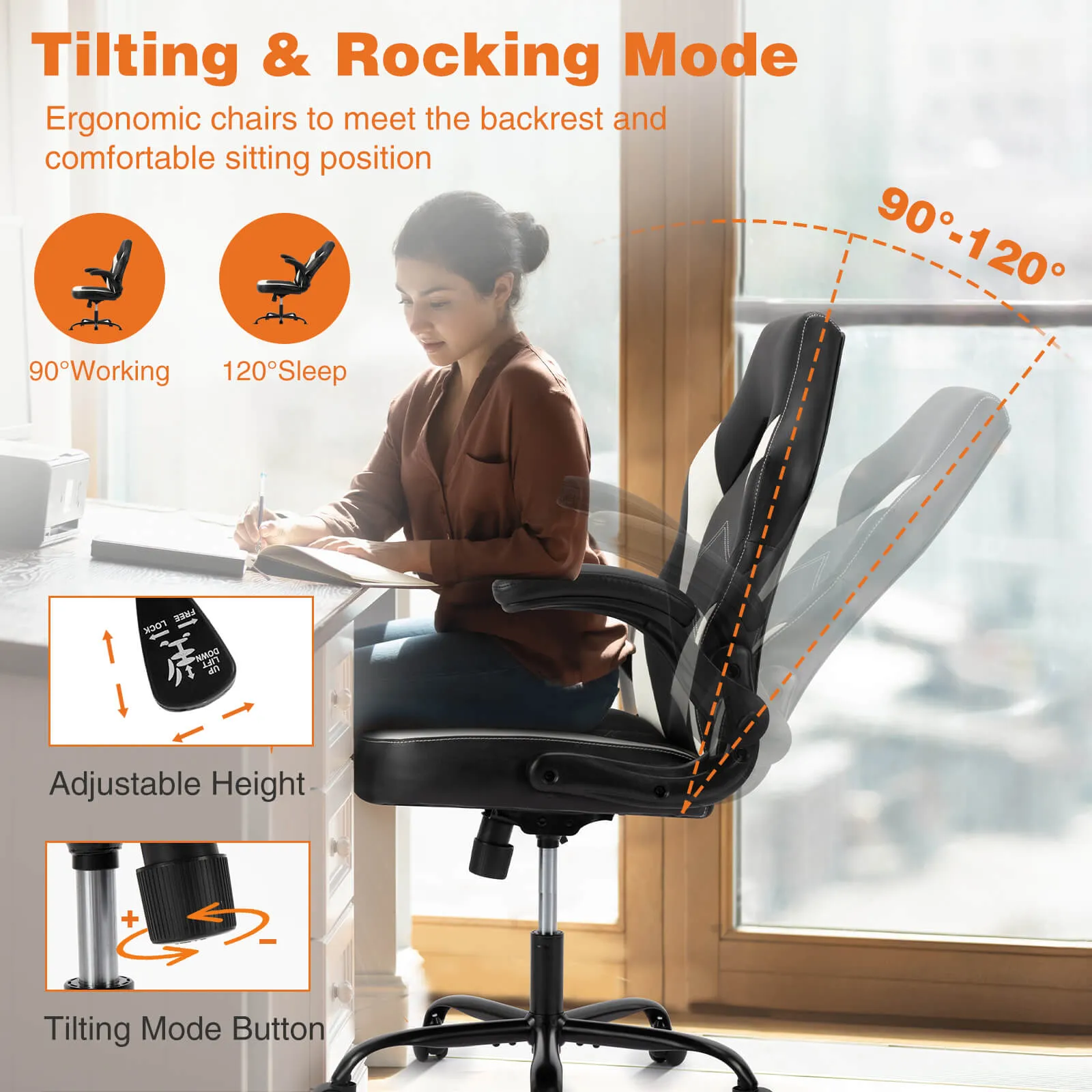 PU Leather Ergonomic Gaming Chair with Flip-up Armrests and Lumbar Support
