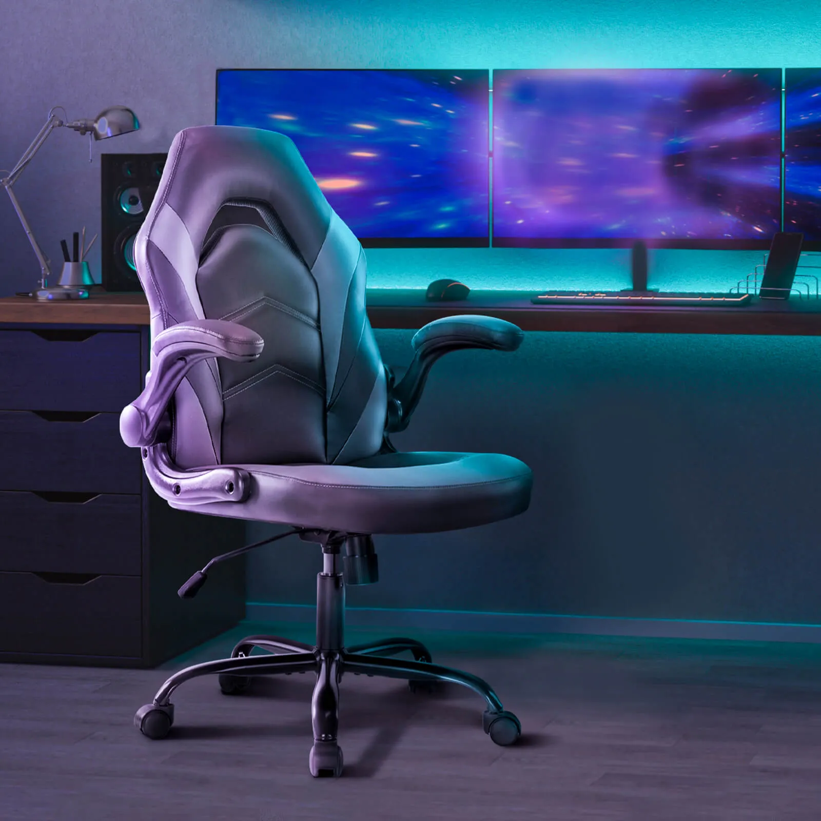 PU Leather Ergonomic Gaming Chair with Flip-up Armrests and Lumbar Support