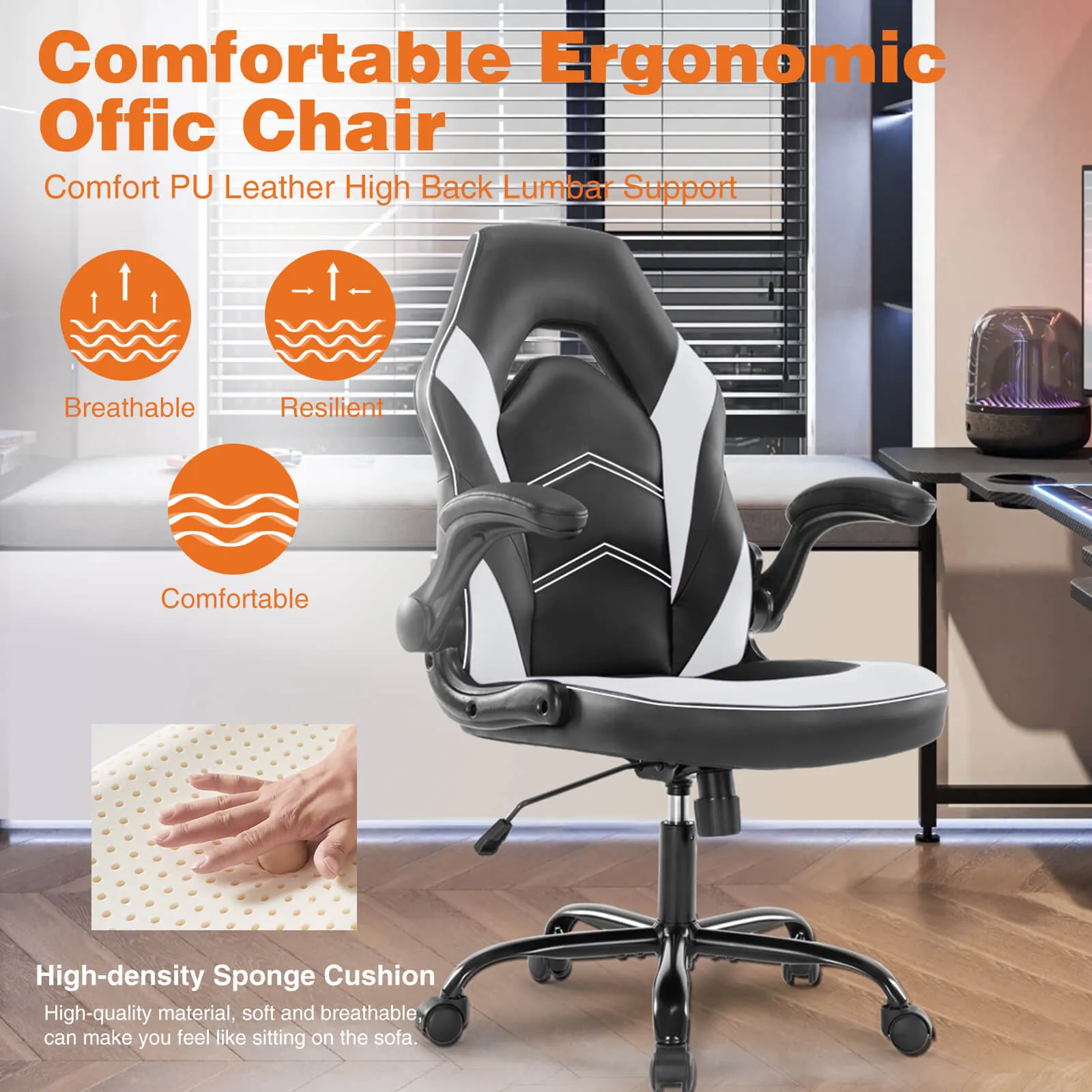 PU Leather Ergonomic Gaming Chair with Flip-up Armrests and Lumbar Support