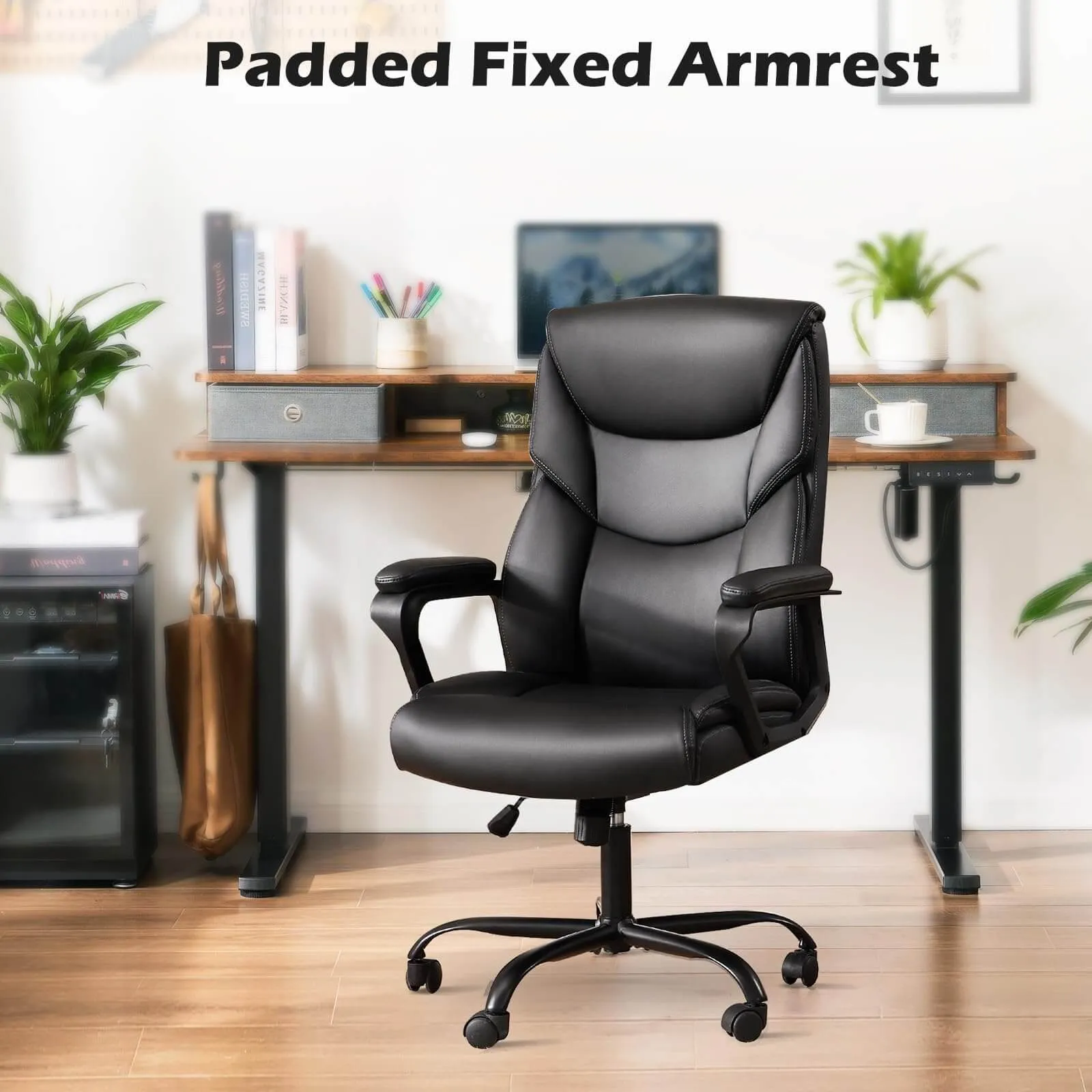 PU Leather Office Chair with Adjustable Flip-up Armrest,Lumbar Support, Strong Metal Base