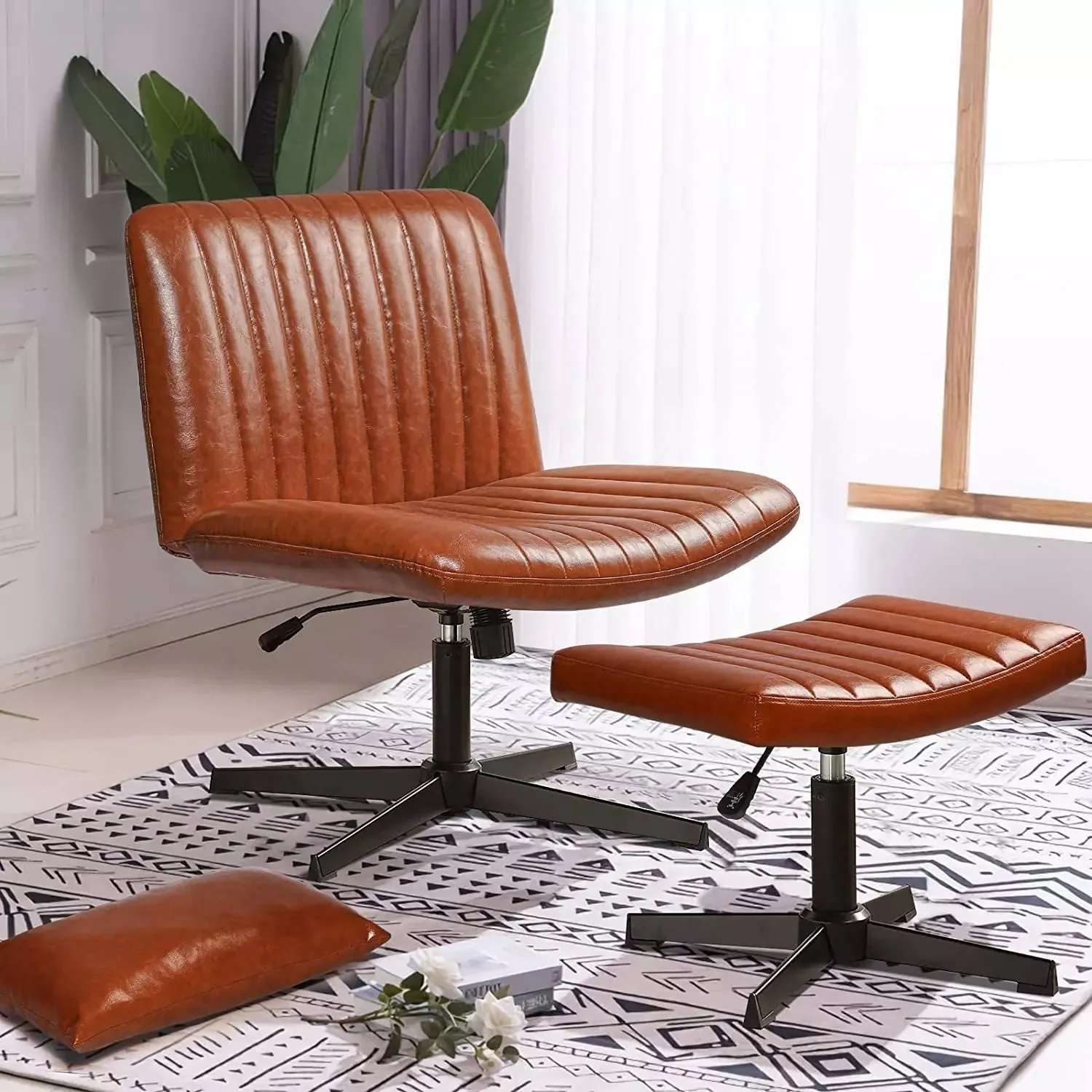 PUKAMI Armless Desk Chair No Wheels with Ottoman&Lumbar Support