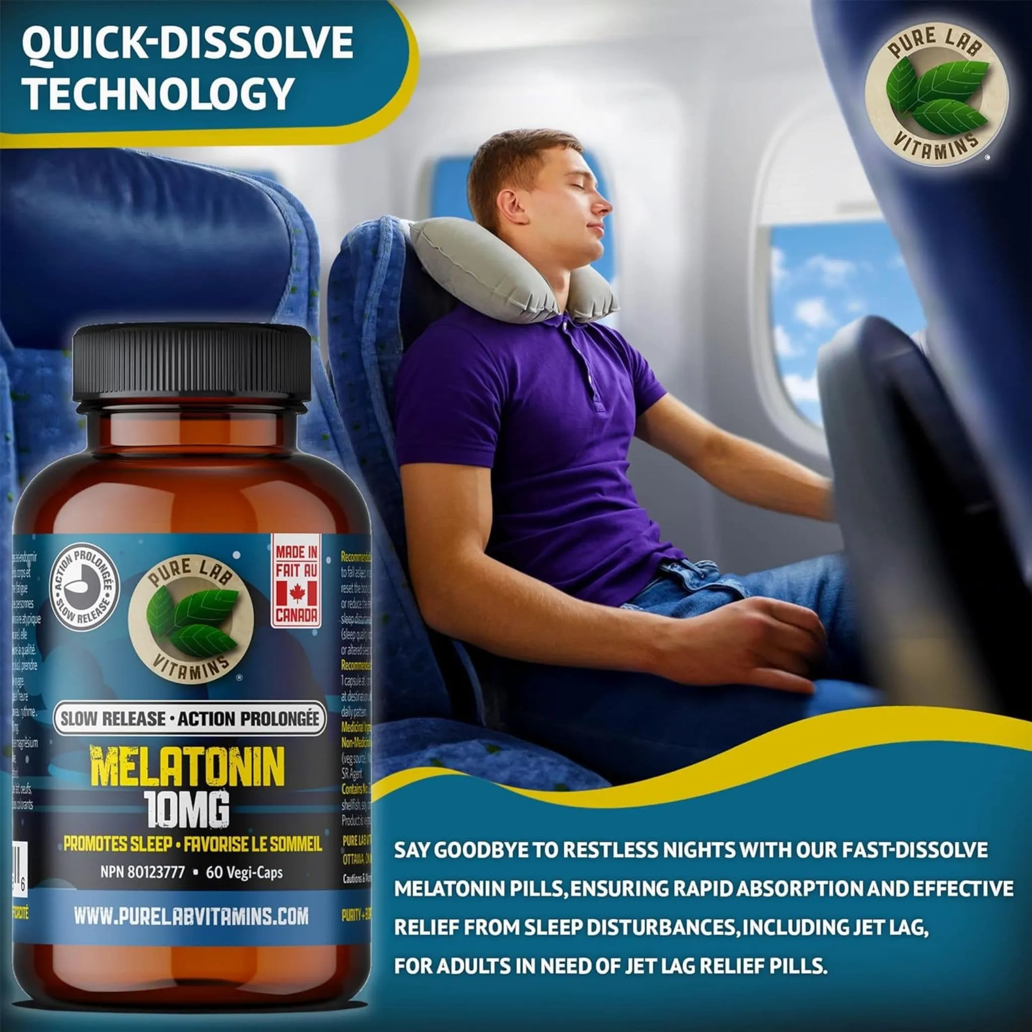Pure Lab Vitamins Melatonin 10mg Slow Release, 60 Capsules
