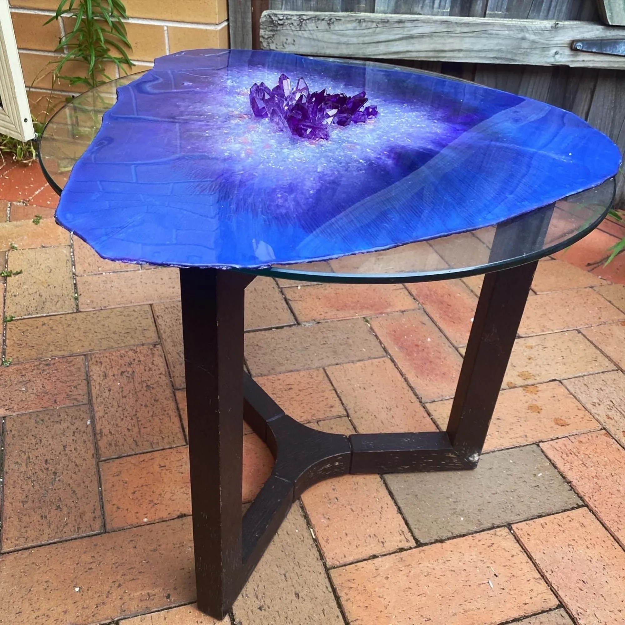 Purple amethyst light coffee table with handmade crystals.