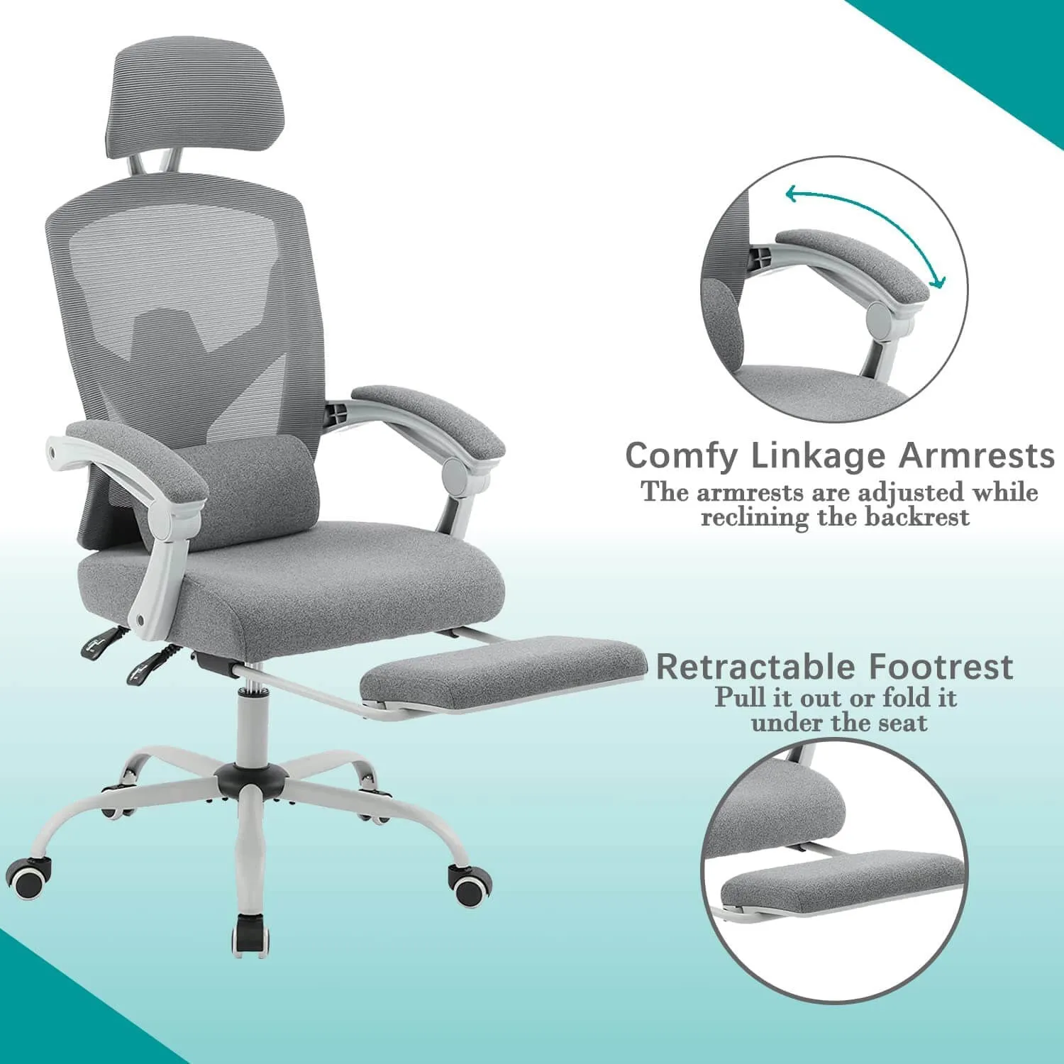 Retractable Footrest Ergonomic Swivel Office Chair with Lumbar Support Pillow and Padded Armrests