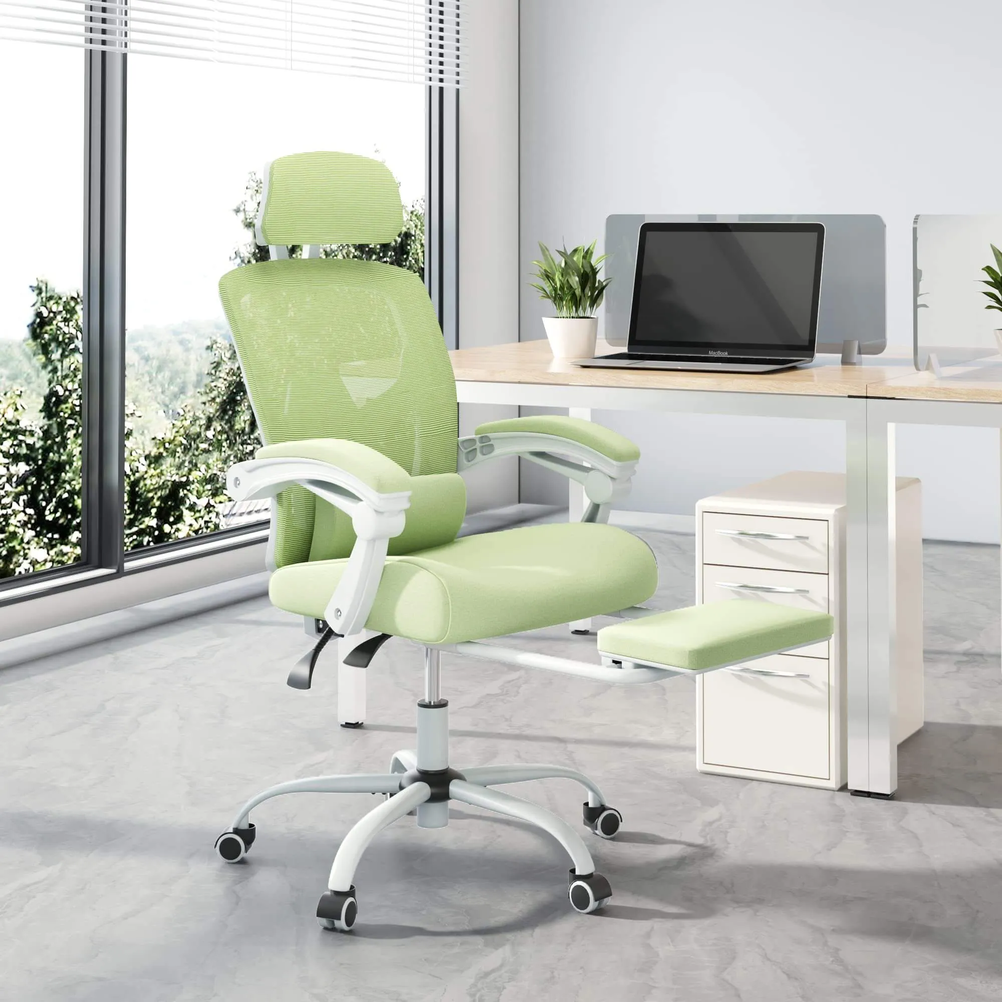 Retractable Footrest Ergonomic Swivel Office Chair with Lumbar Support Pillow and Padded Armrests