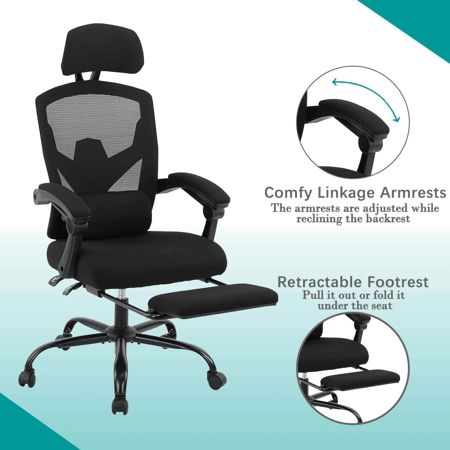 Retractable Footrest Ergonomic Swivel Office Chair with Lumbar Support Pillow and Padded Armrests