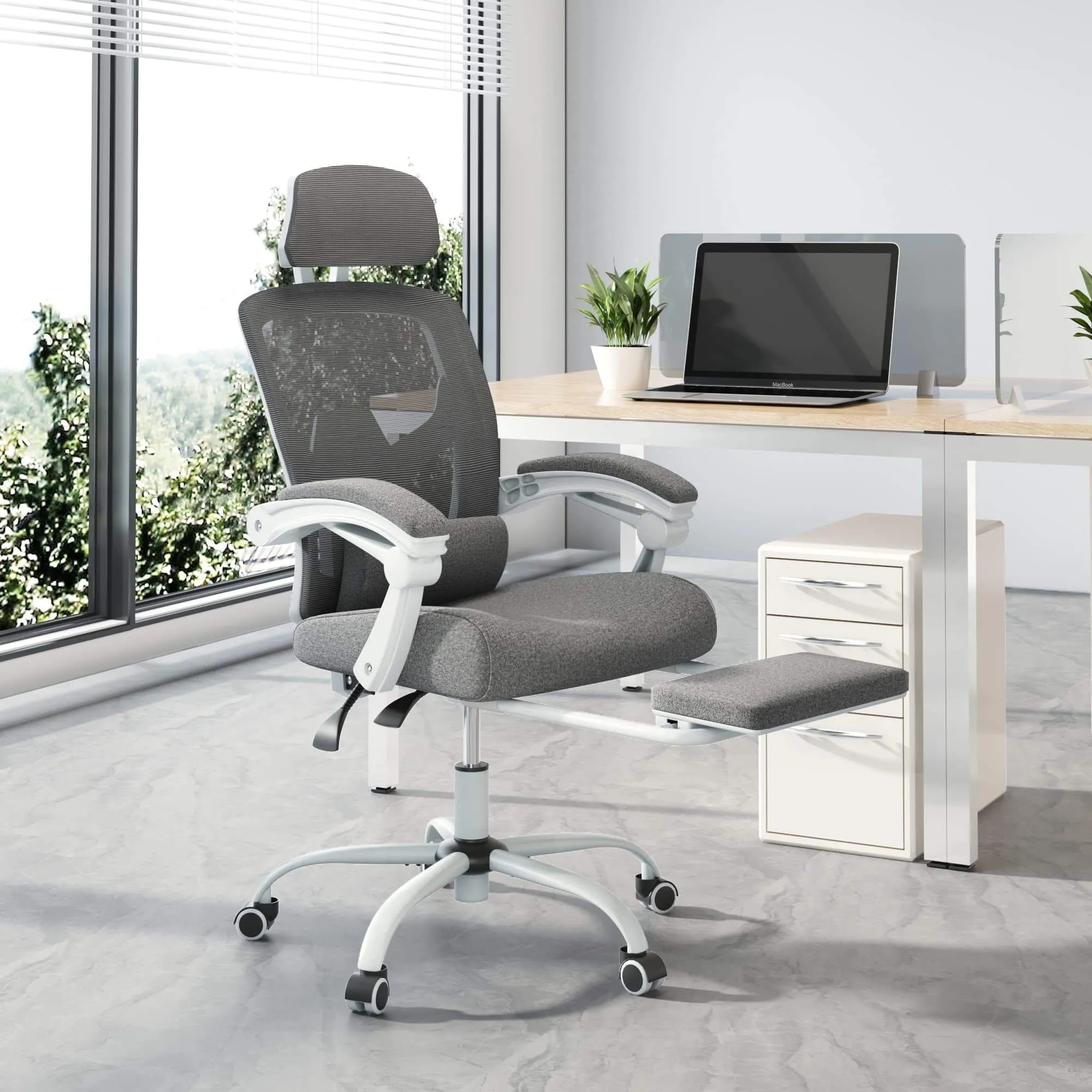 Retractable Footrest Ergonomic Swivel Office Chair with Lumbar Support Pillow and Padded Armrests