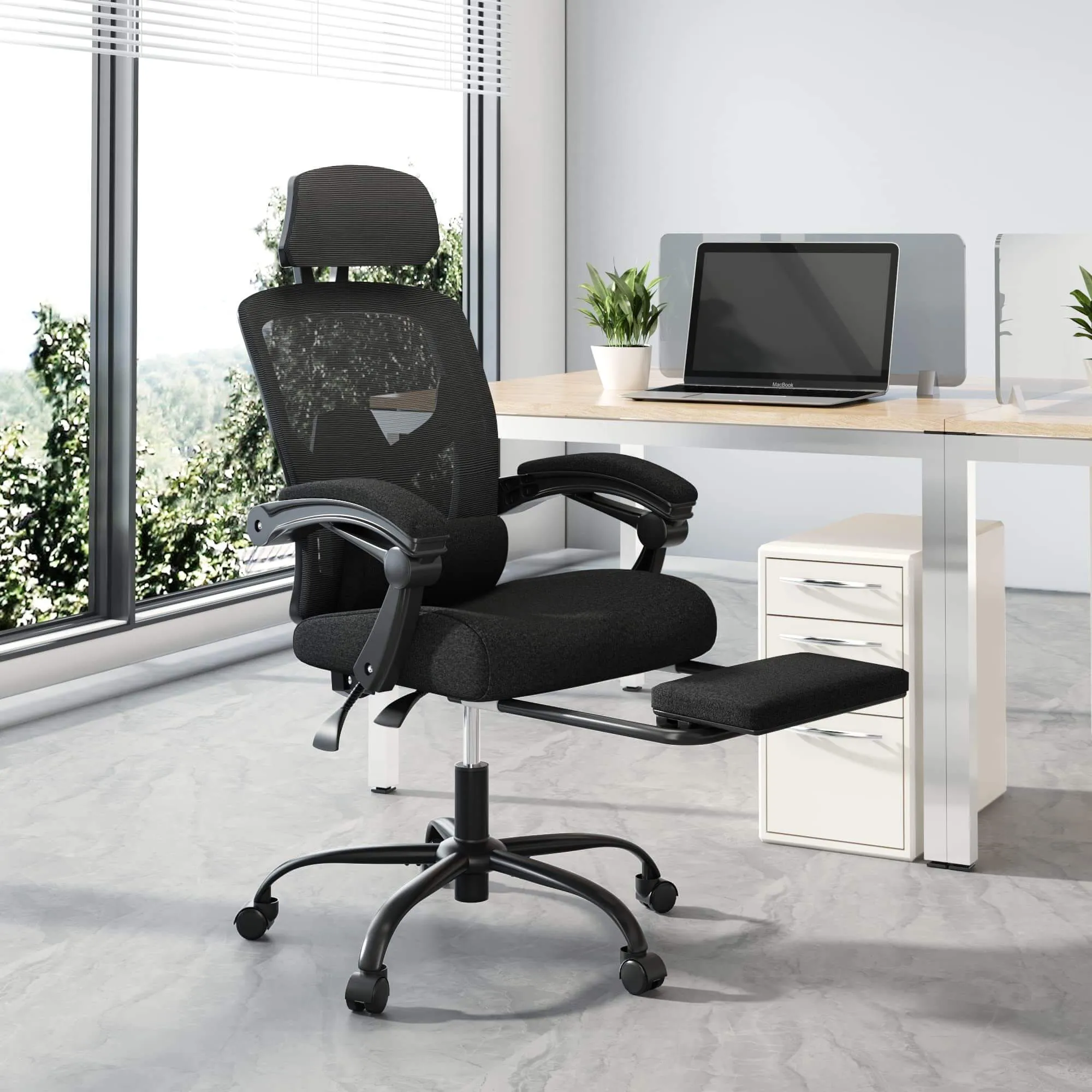 Retractable Footrest Ergonomic Swivel Office Chair with Lumbar Support Pillow and Padded Armrests
