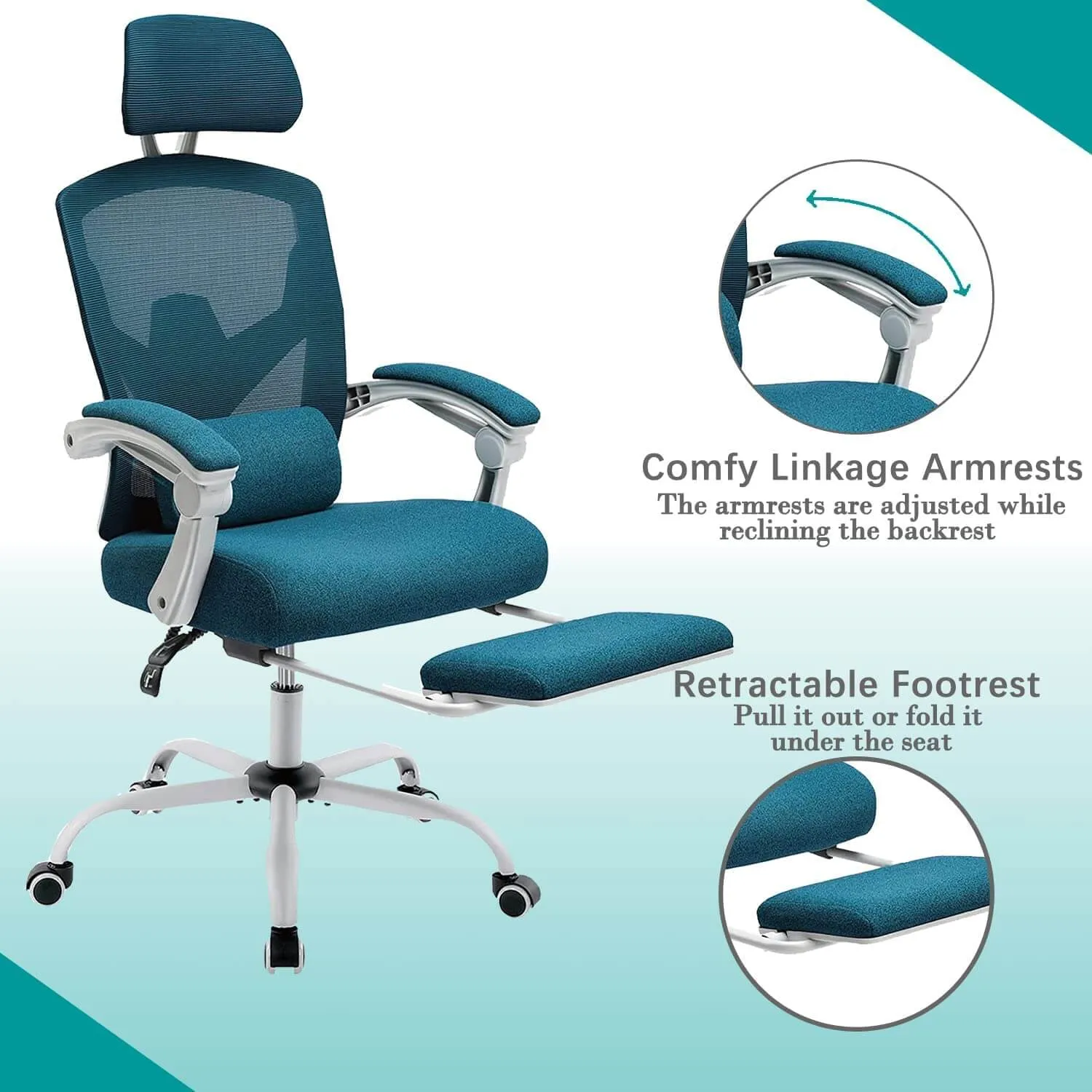 Retractable Footrest Ergonomic Swivel Office Chair with Lumbar Support Pillow and Padded Armrests