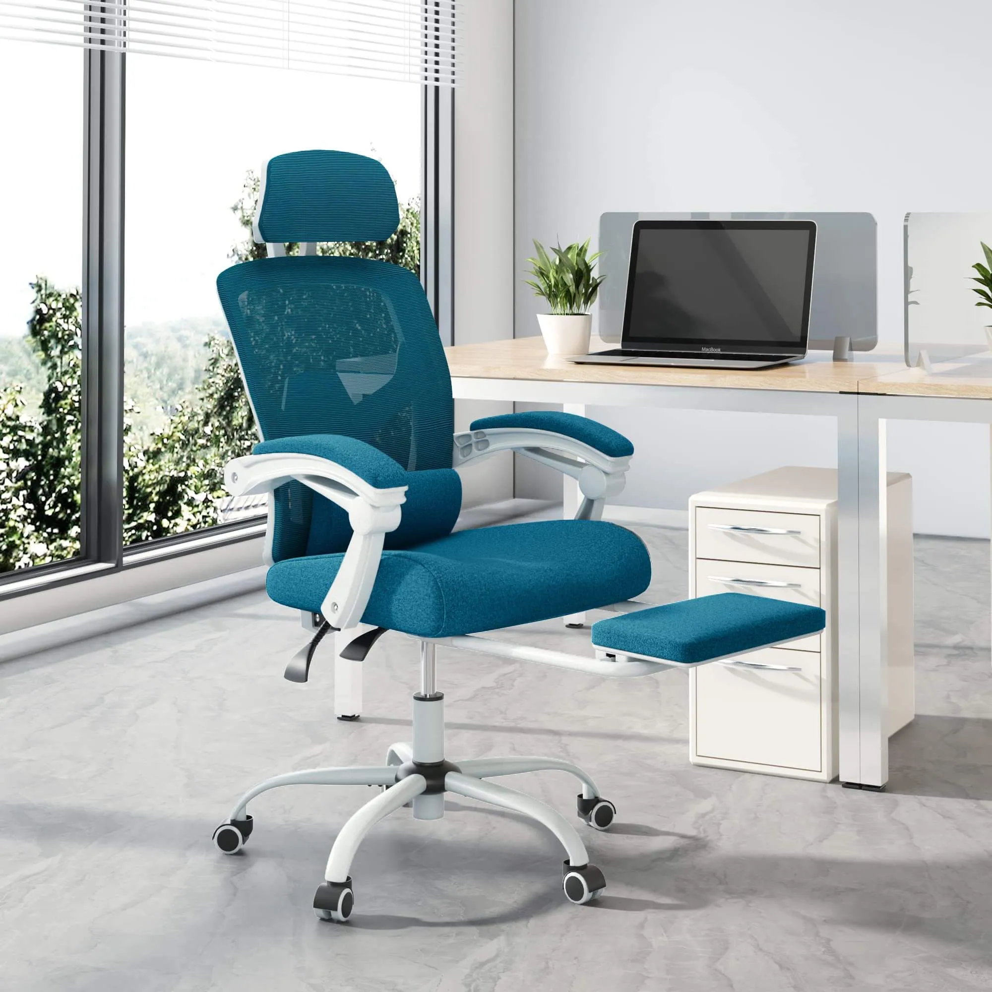 Retractable Footrest Ergonomic Swivel Office Chair with Lumbar Support Pillow and Padded Armrests
