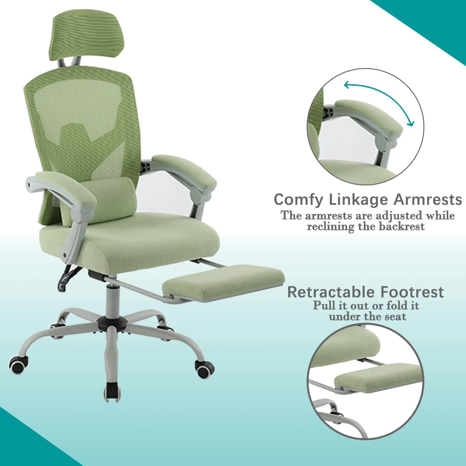 Retractable Footrest Ergonomic Swivel Office Chair with Lumbar Support Pillow and Padded Armrests