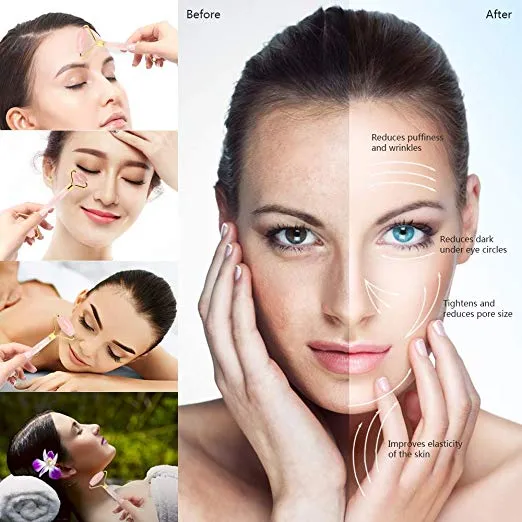 Rose Quartz Jade Roller Facial Massager and Gua Sha Scraping Tool