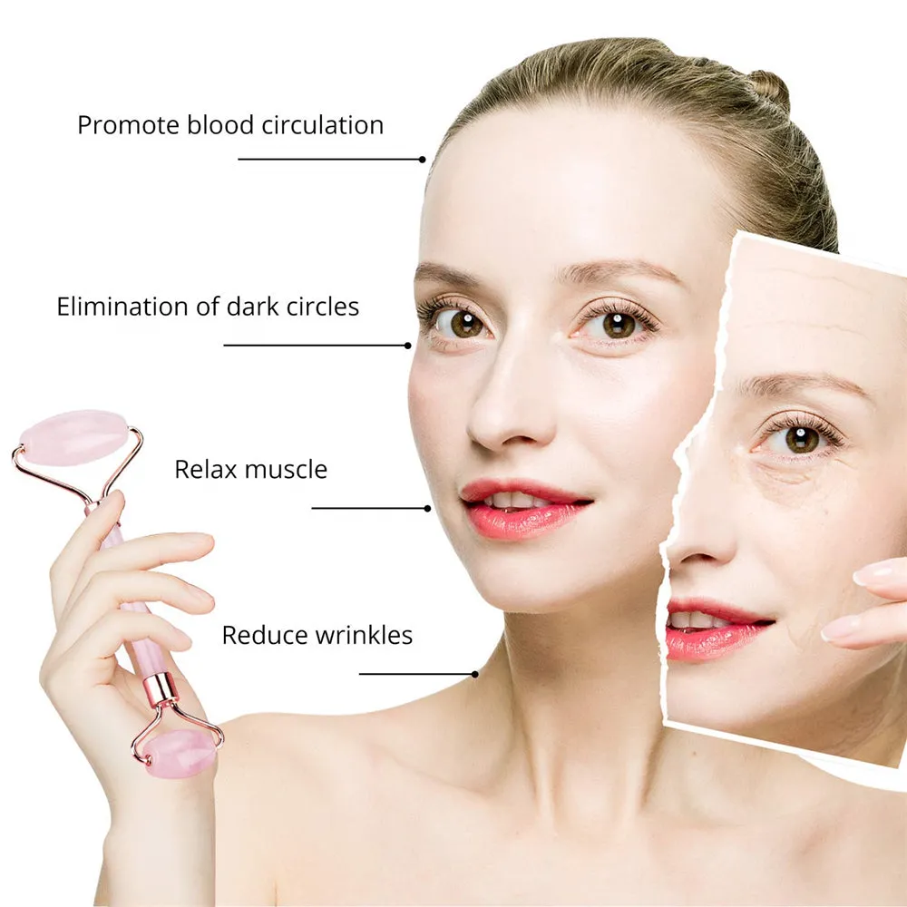 Rose Quartz Jade Roller Facial Massager and Gua Sha Scraping Tool